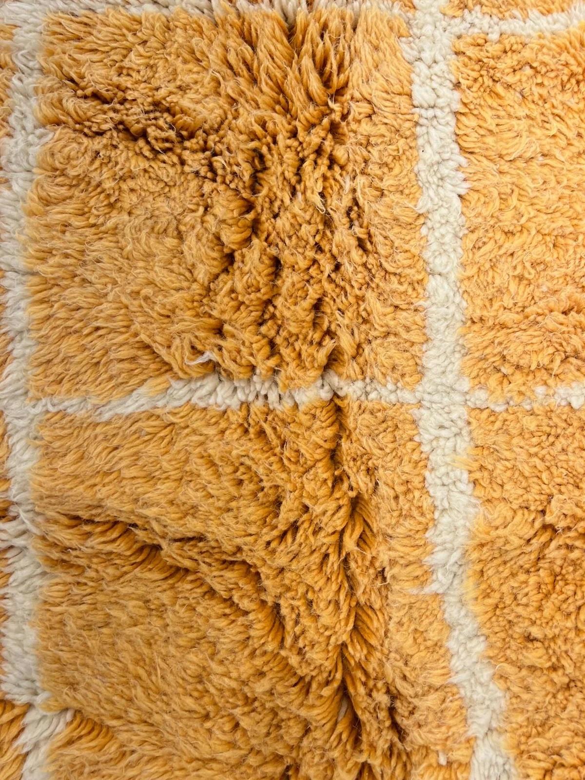 Woven Large Gold Modern Moroccan Tattersall Grid Wool Beni M'Rirt Handwoven Rug For Sale