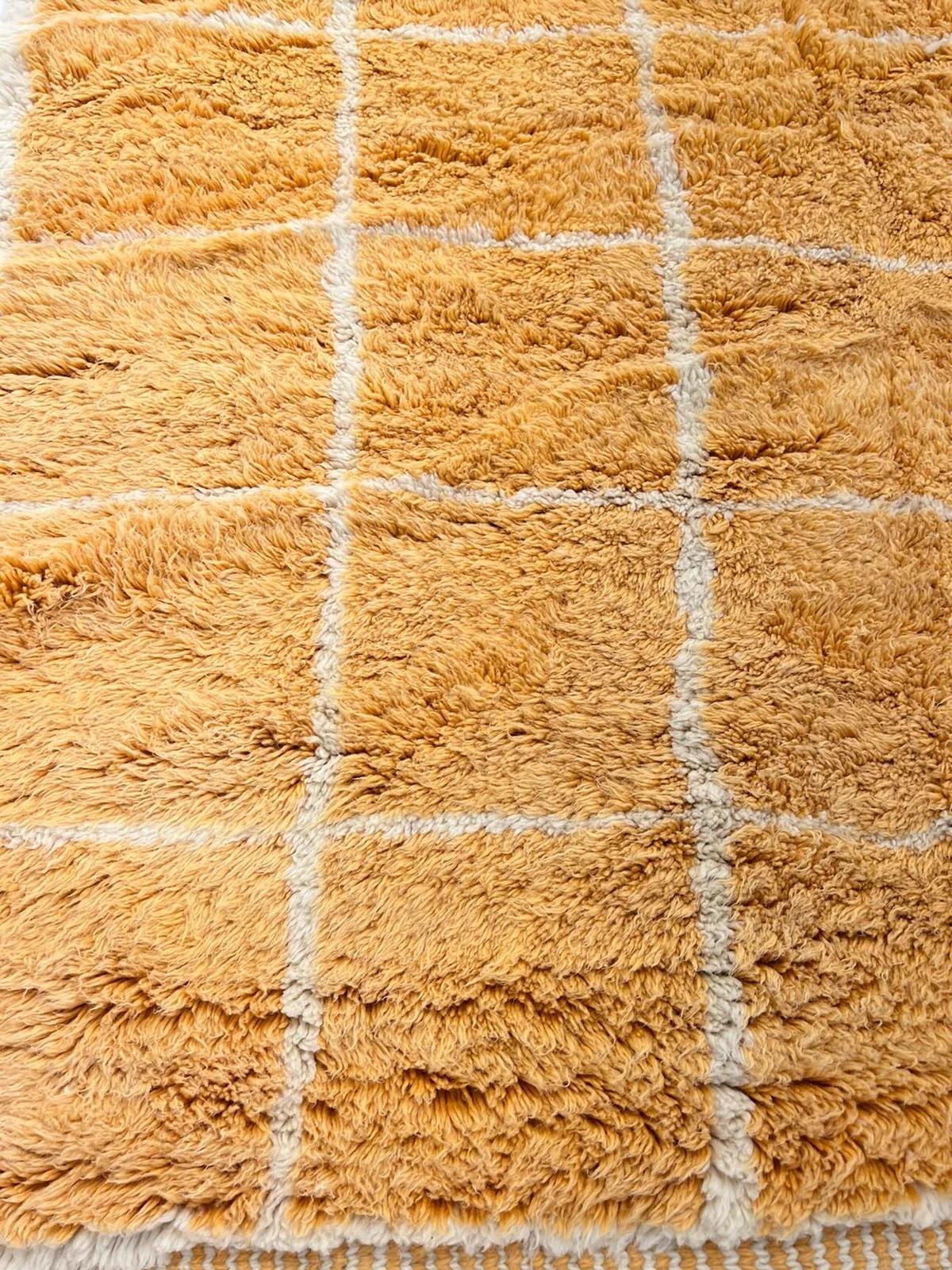 Contemporary Large Gold Modern Moroccan Tattersall Grid Wool Beni M'Rirt Handwoven Rug For Sale