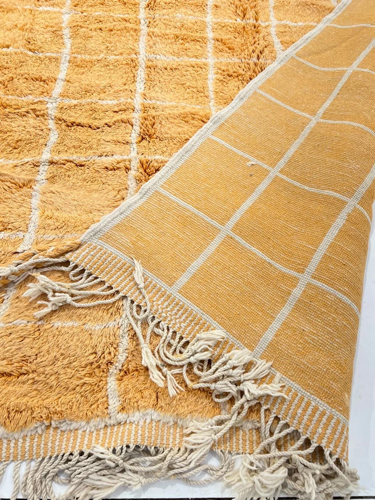 Large Gold Modern Moroccan Tattersall Grid Wool Beni M'Rirt Handwoven Rug For Sale 4
