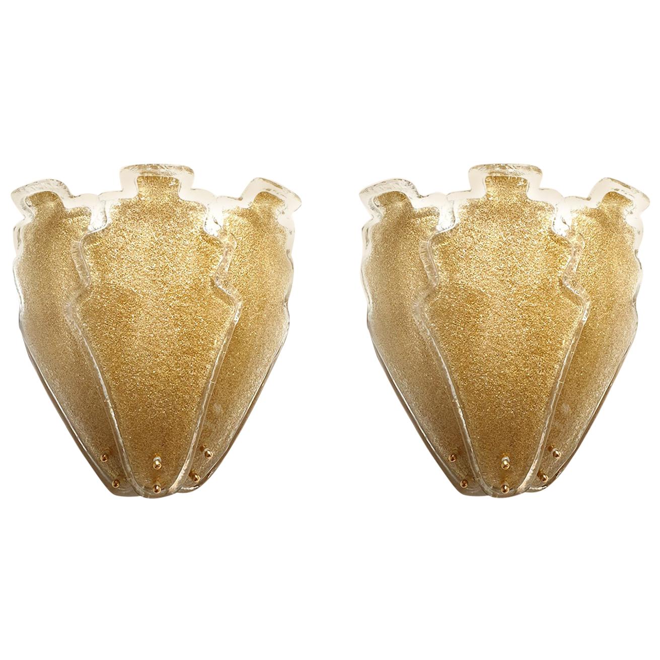 Mid Century Murano Glass Large Gold Sconces, Barovier - a pair