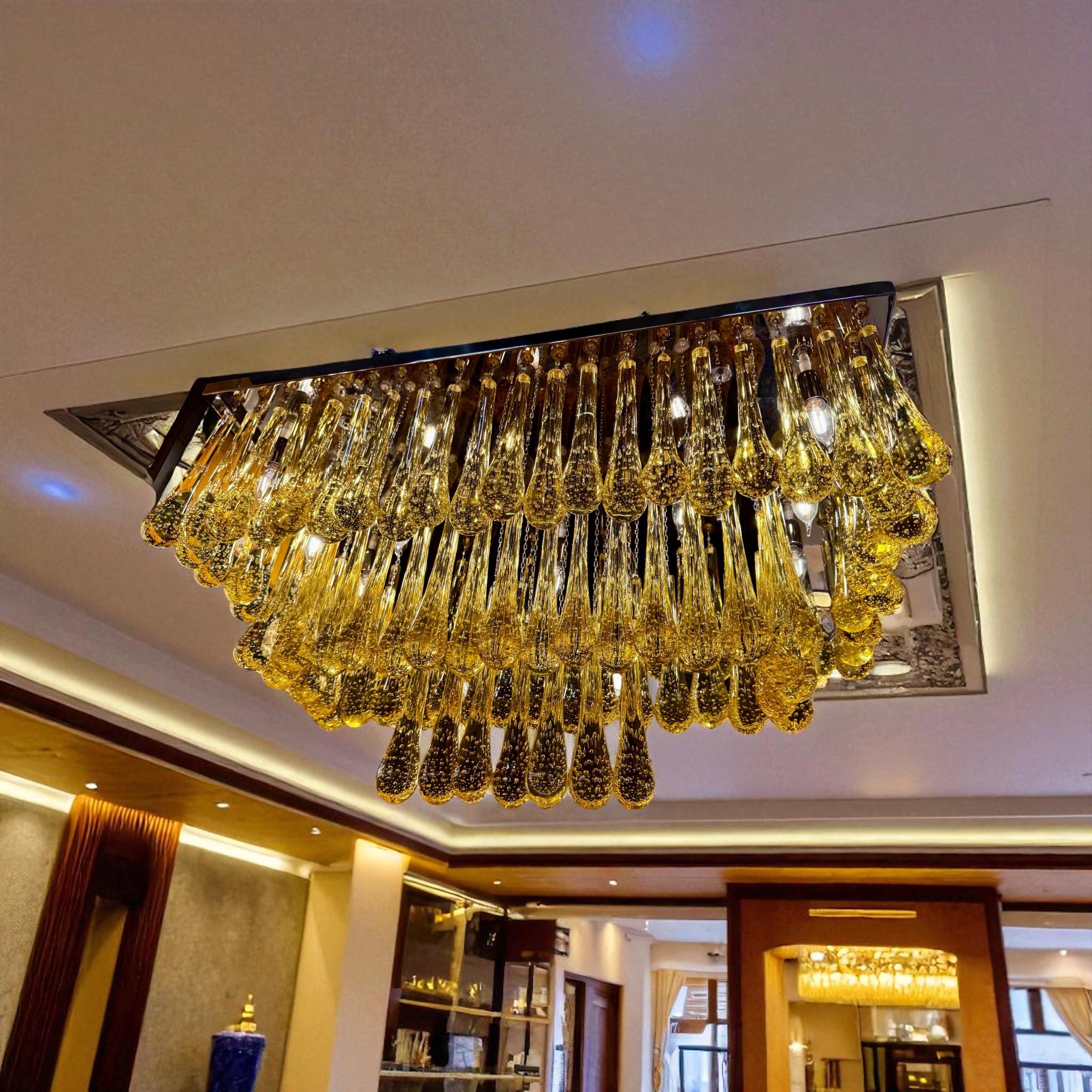 Metal Large Gold  Murano Glass Drops Ceiling Light For Sale