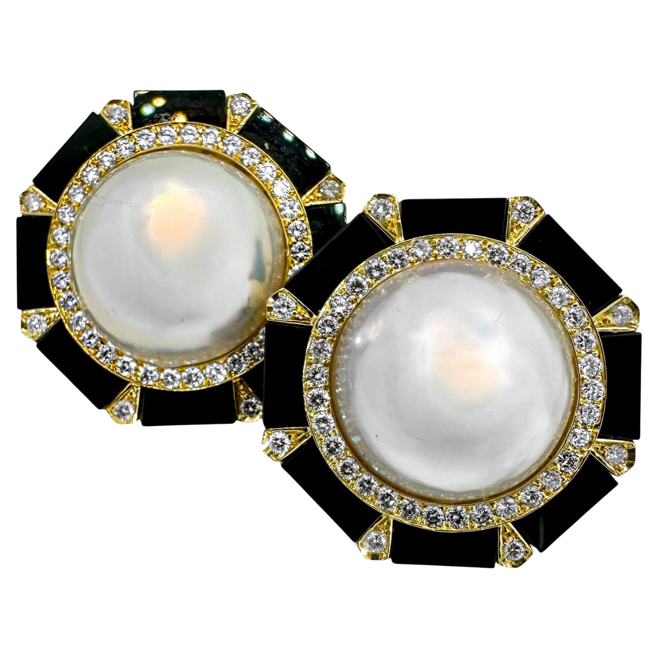 Large Gold, Onyx, Diamond, and 21mm Mabe Pearl Earrings by Designer Tallarico For Sale