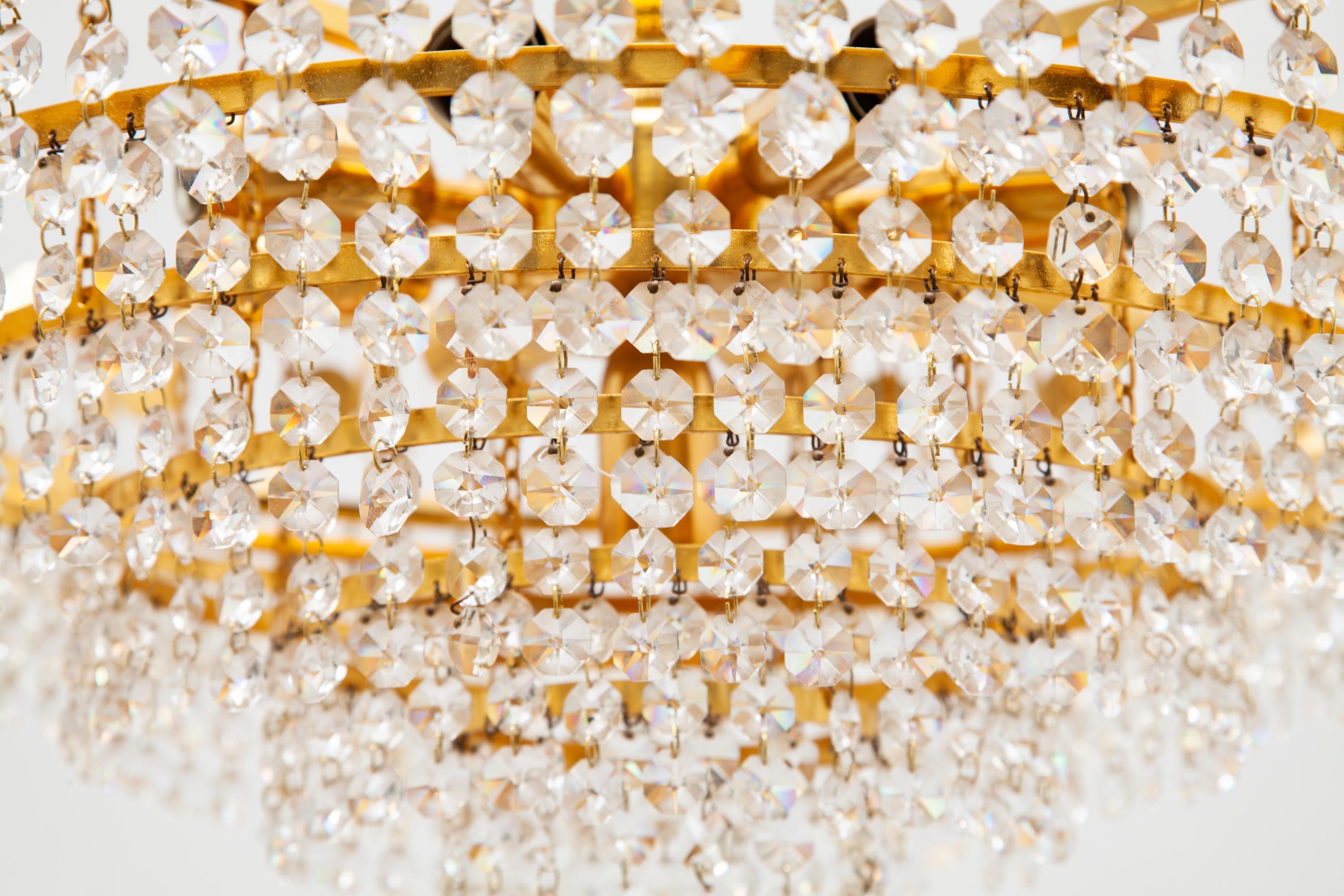 Mid-Century Modern Large Gold Palwa Gilt Brass and Crystal Chandelier, Germany, 1970s For Sale