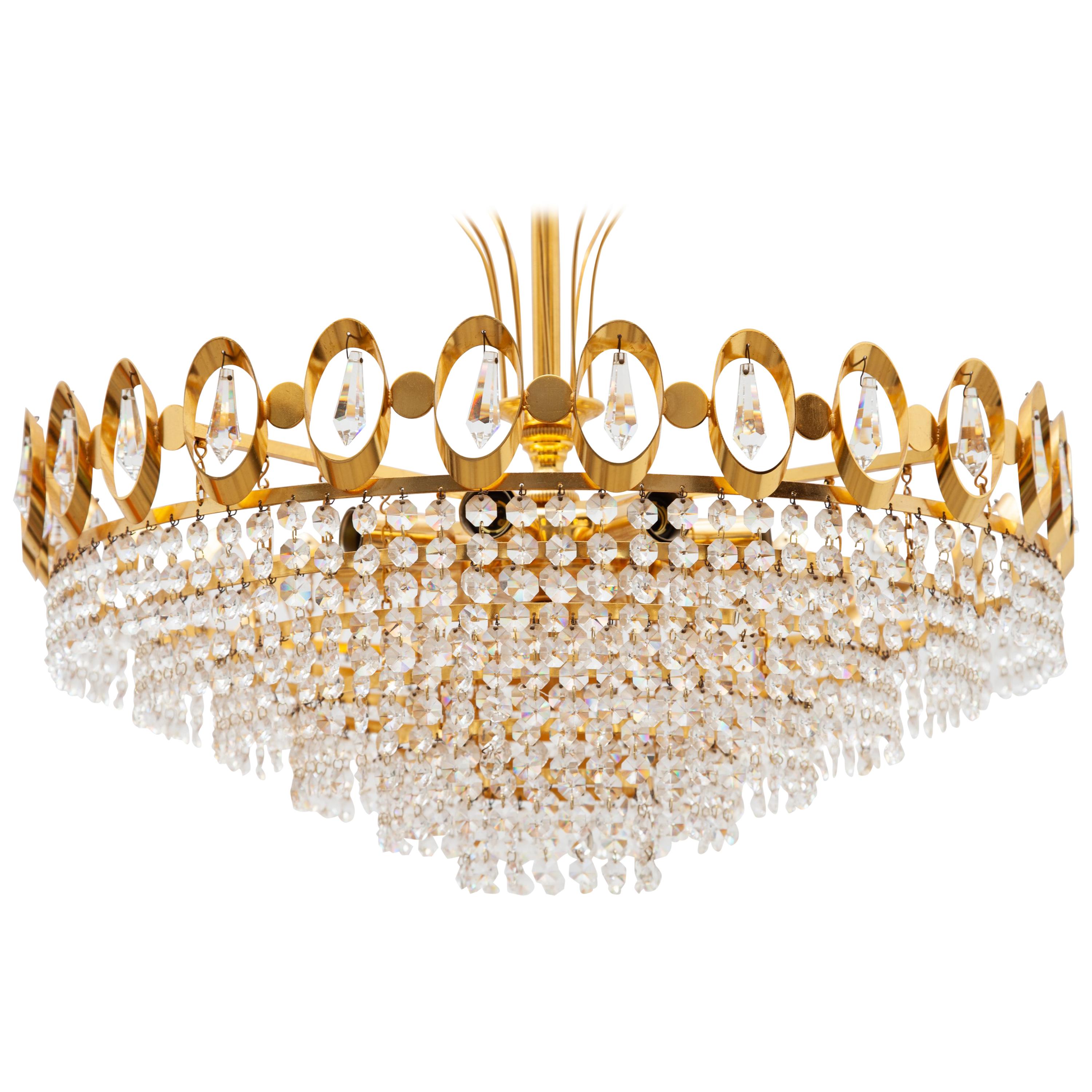 Large Gold Palwa Gilt Brass and Crystal Chandelier, Germany, 1970s