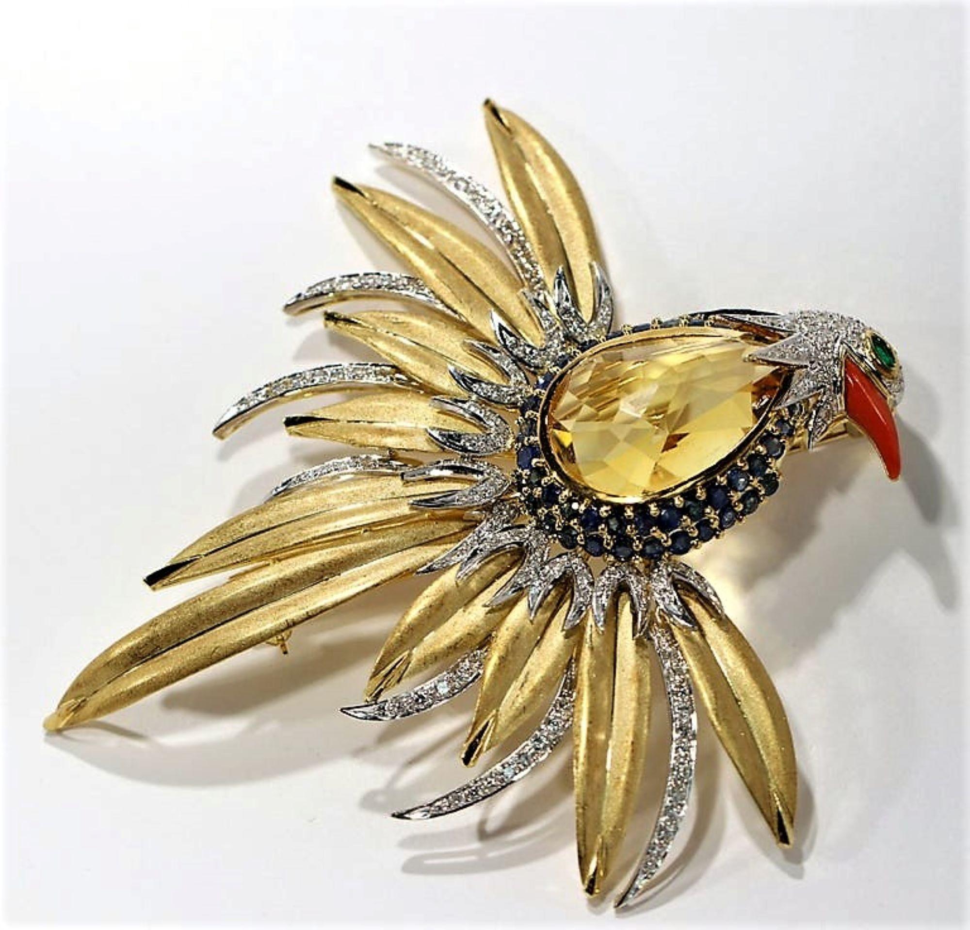 Briolette Cut Large Gold dramatic bird Brooch with Coral Diamonds Emeralds and Sapphires
