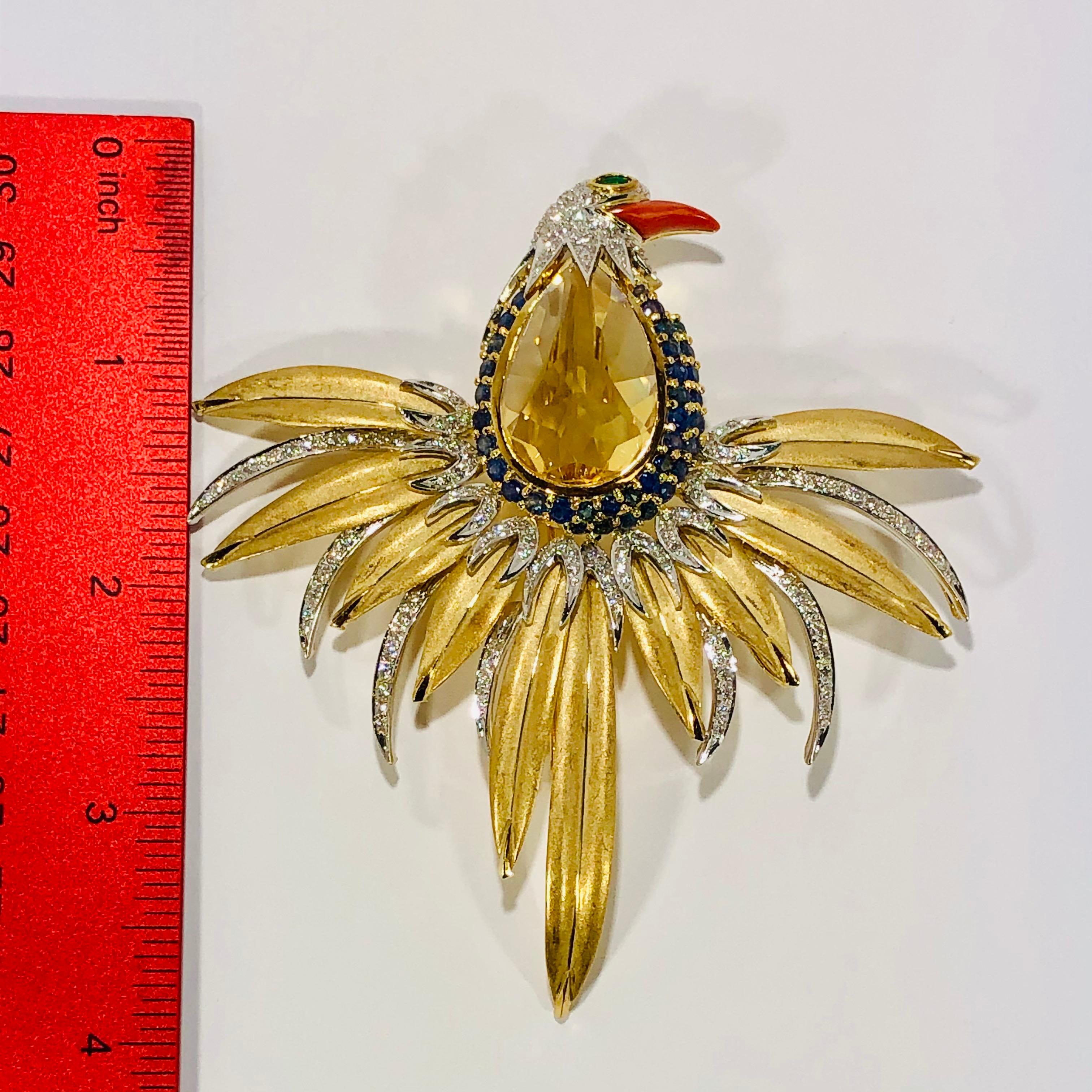 Women's or Men's Large Gold dramatic bird Brooch with Coral Diamonds Emeralds and Sapphires