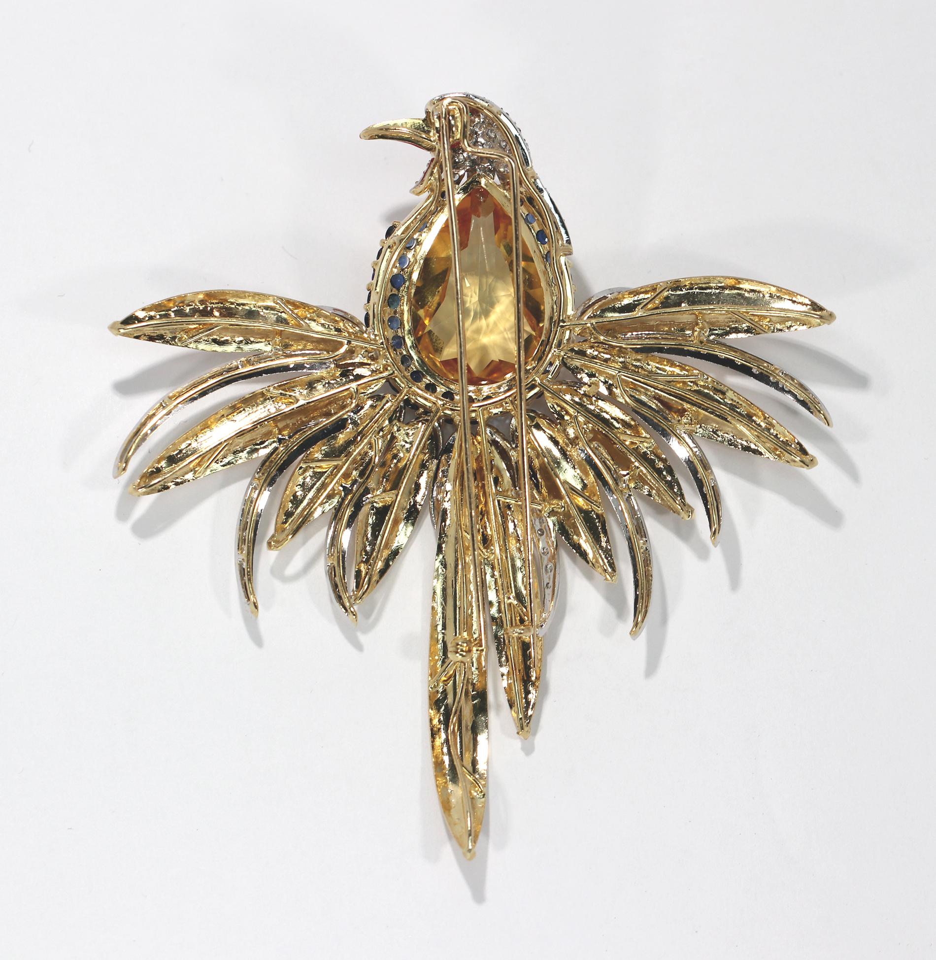 Large Gold dramatic bird Brooch with Coral Diamonds Emeralds and Sapphires 1