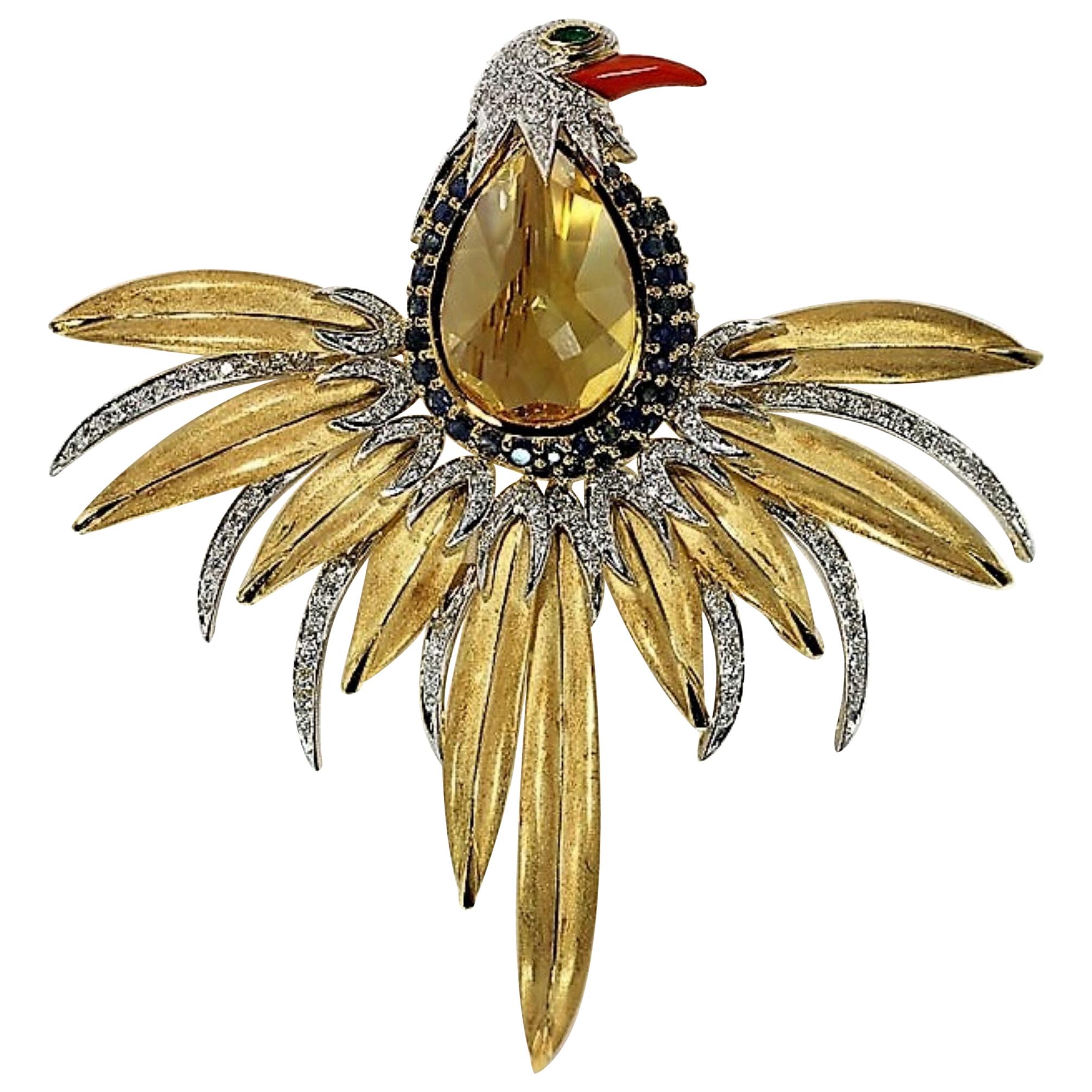 Large Gold dramatic bird Brooch with Coral Diamonds Emeralds and Sapphires