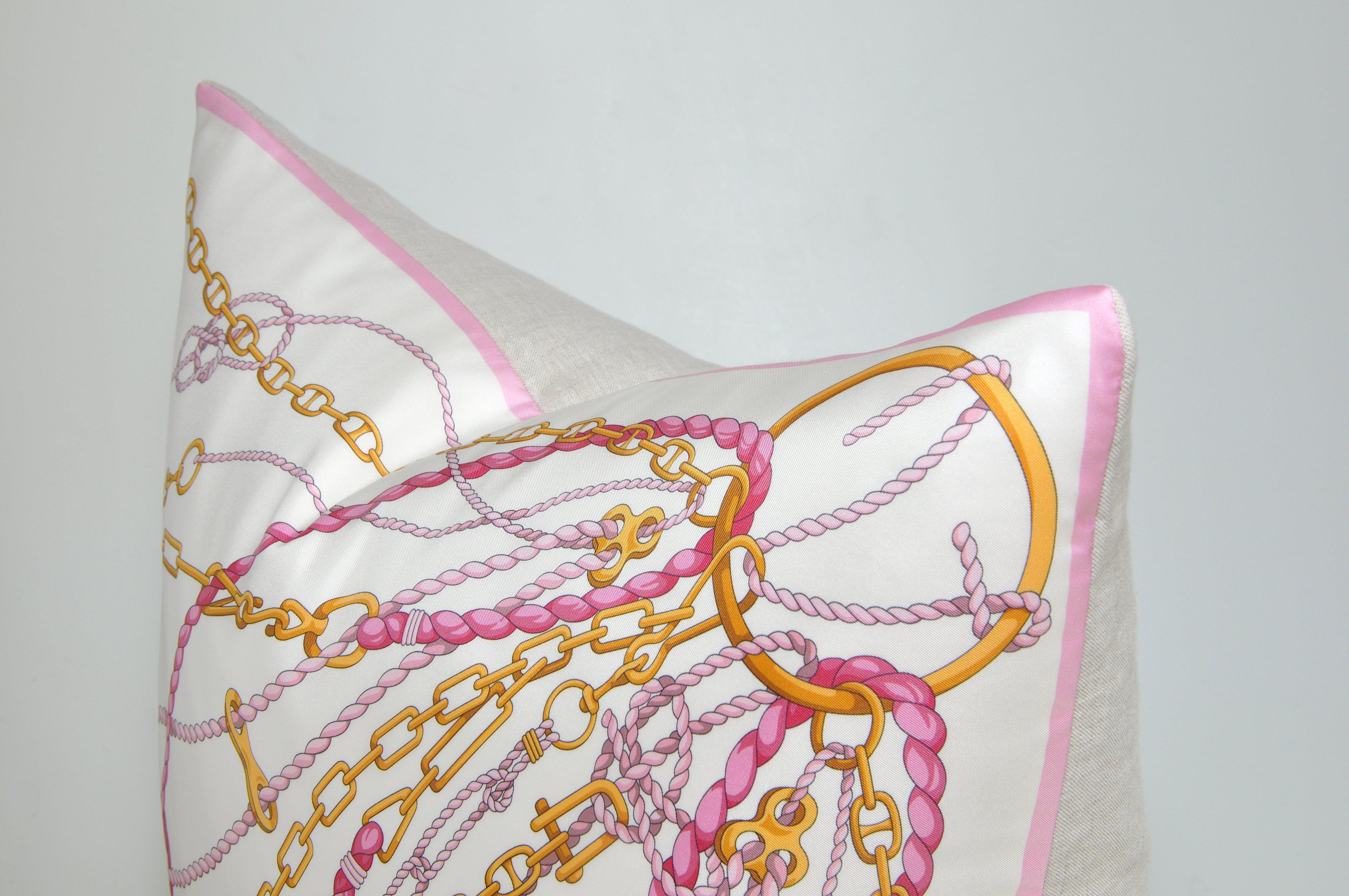 French Large Gold Pink Vintage Nautical Gucci Silk Scarf, Irish Linen Cushion Pillow