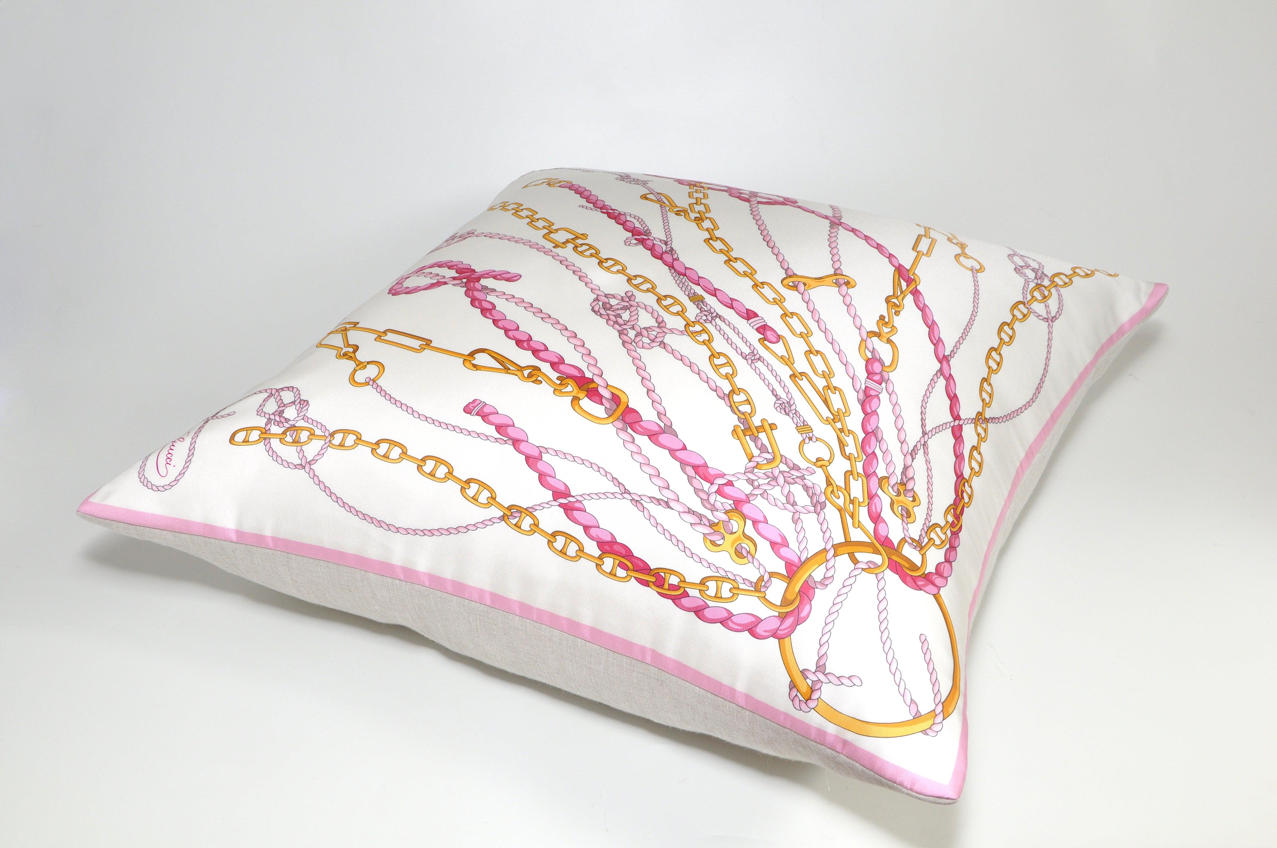 Large Gold Pink Vintage Nautical Gucci Silk Scarf, Irish Linen Cushion Pillow 1