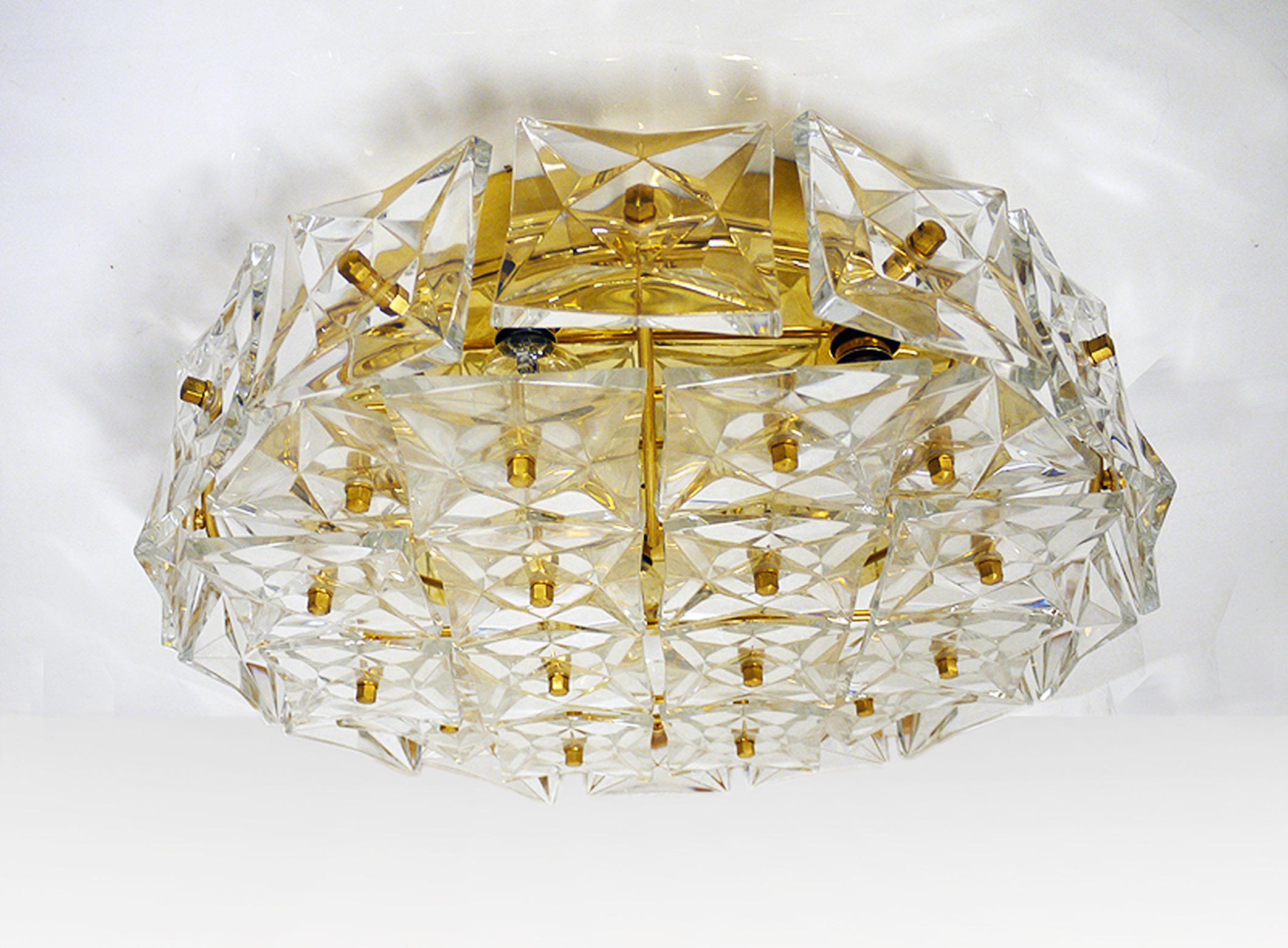 Mid-Century Modern 1960 Germany Kinkeldey Large Flush Mount Chandelier Gold-Plated Brass & Crystal For Sale