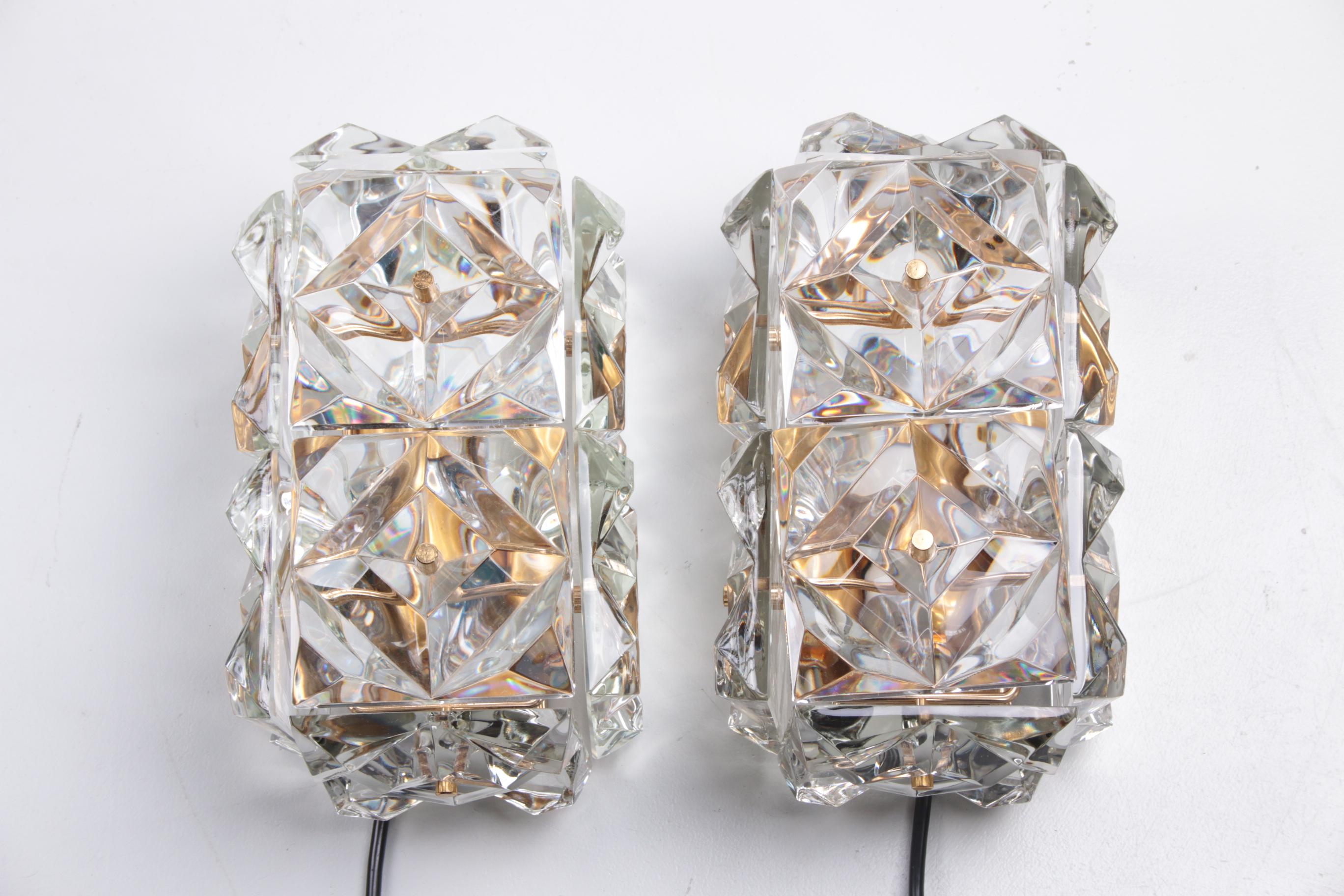 Mid-Century Modern Large Gold-Plated & Crystal Glass Flush Wall Mount Light from Kinkeldey, 1970s For Sale