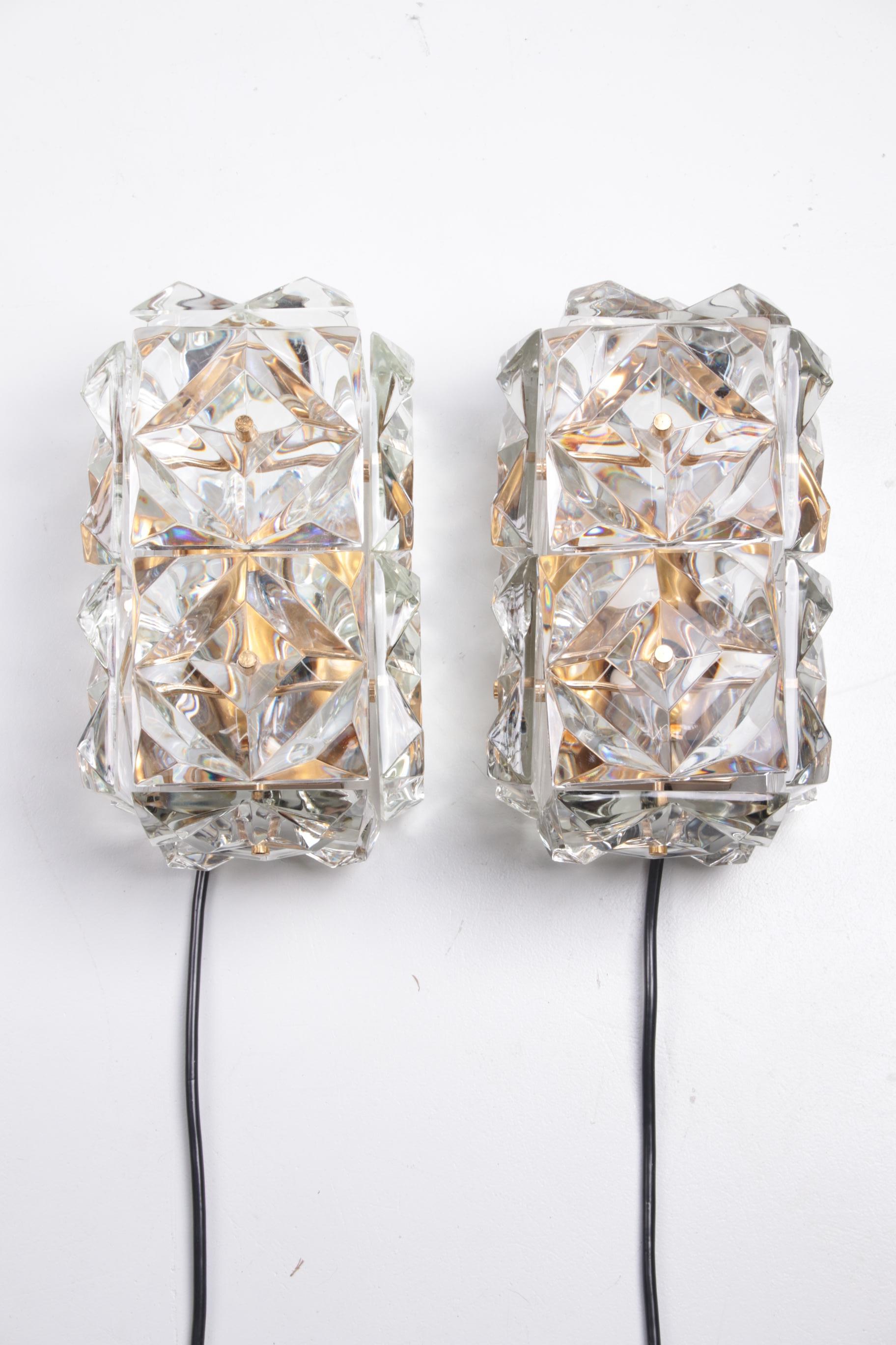 German Large Gold-Plated & Crystal Glass Flush Wall Mount Light from Kinkeldey, 1970s For Sale