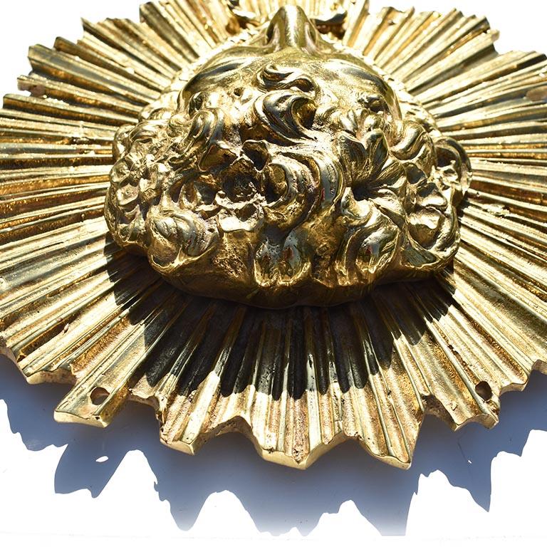 20th Century Large Gold-Plated Solid Metal Medusa Head Cabinet Hardware Starburst Medallion