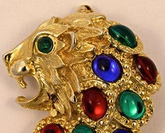 Large Gold Plated Textured Lion Statement Brooch with Blue, Red and Green Stones