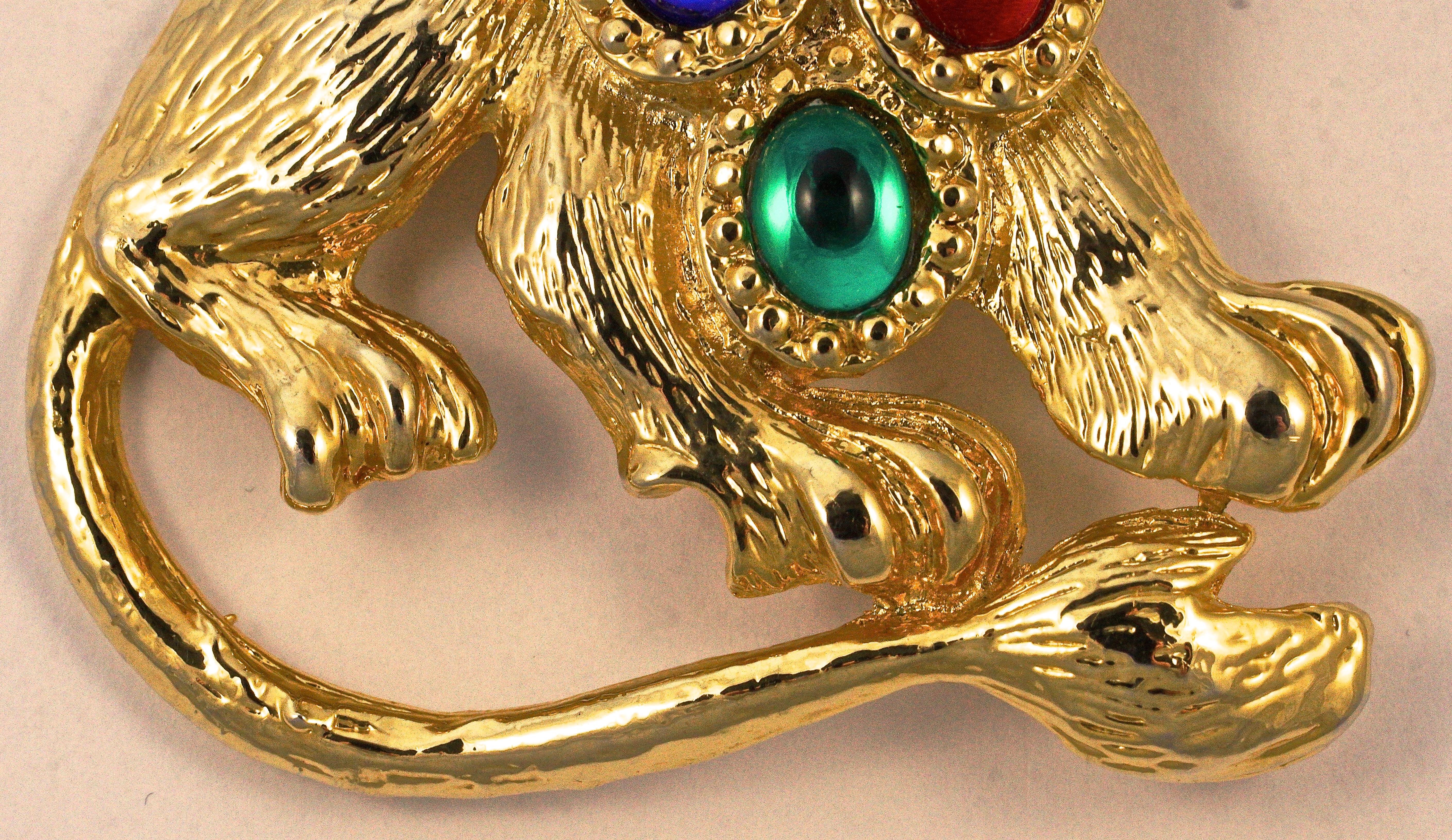 Women's or Men's Large Gold Plated Textured Lion Statement Brooch with Blue, Red and Green Stones