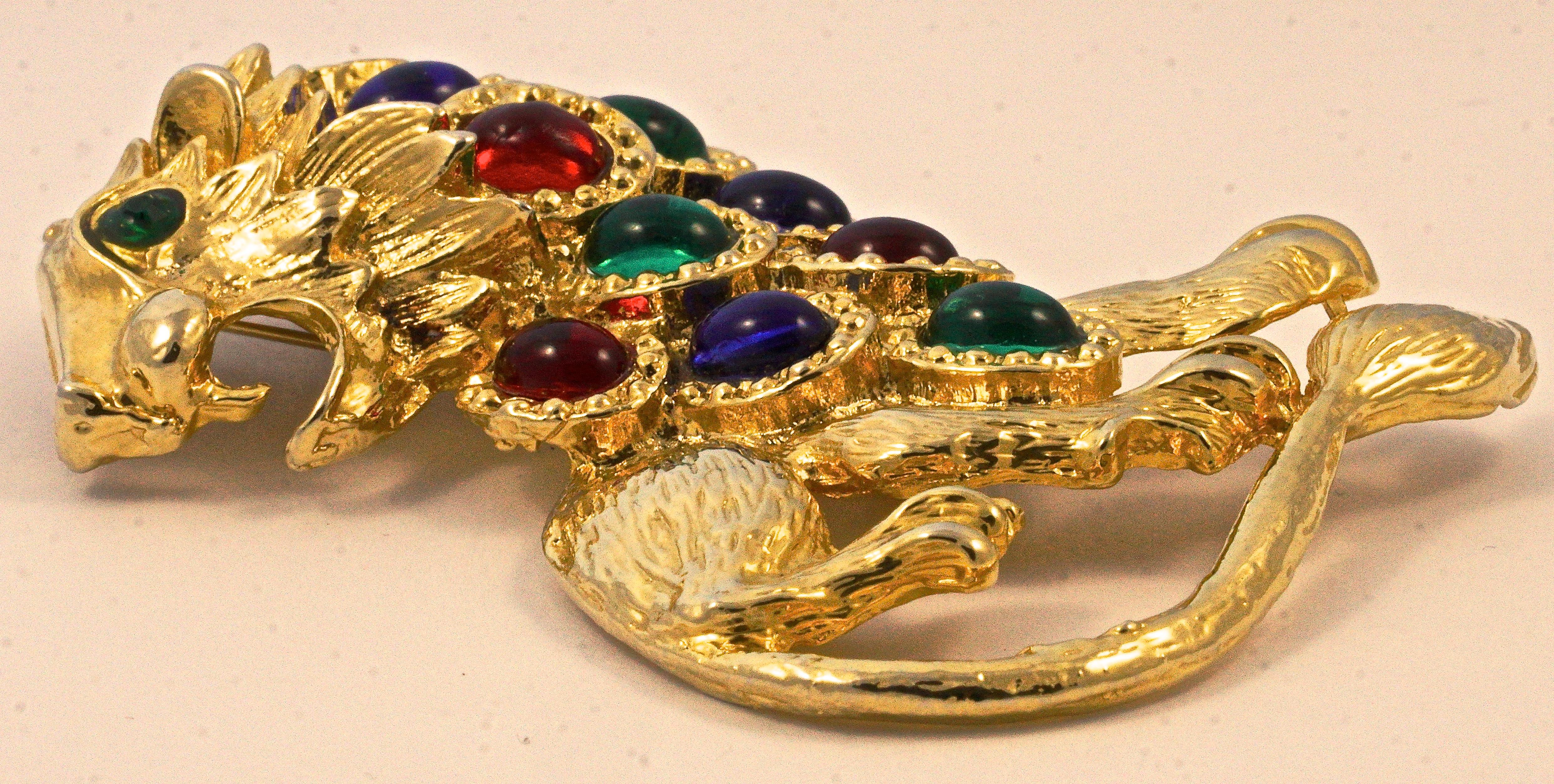 Large Gold Plated Textured Lion Statement Brooch with Blue, Red and Green Stones 1