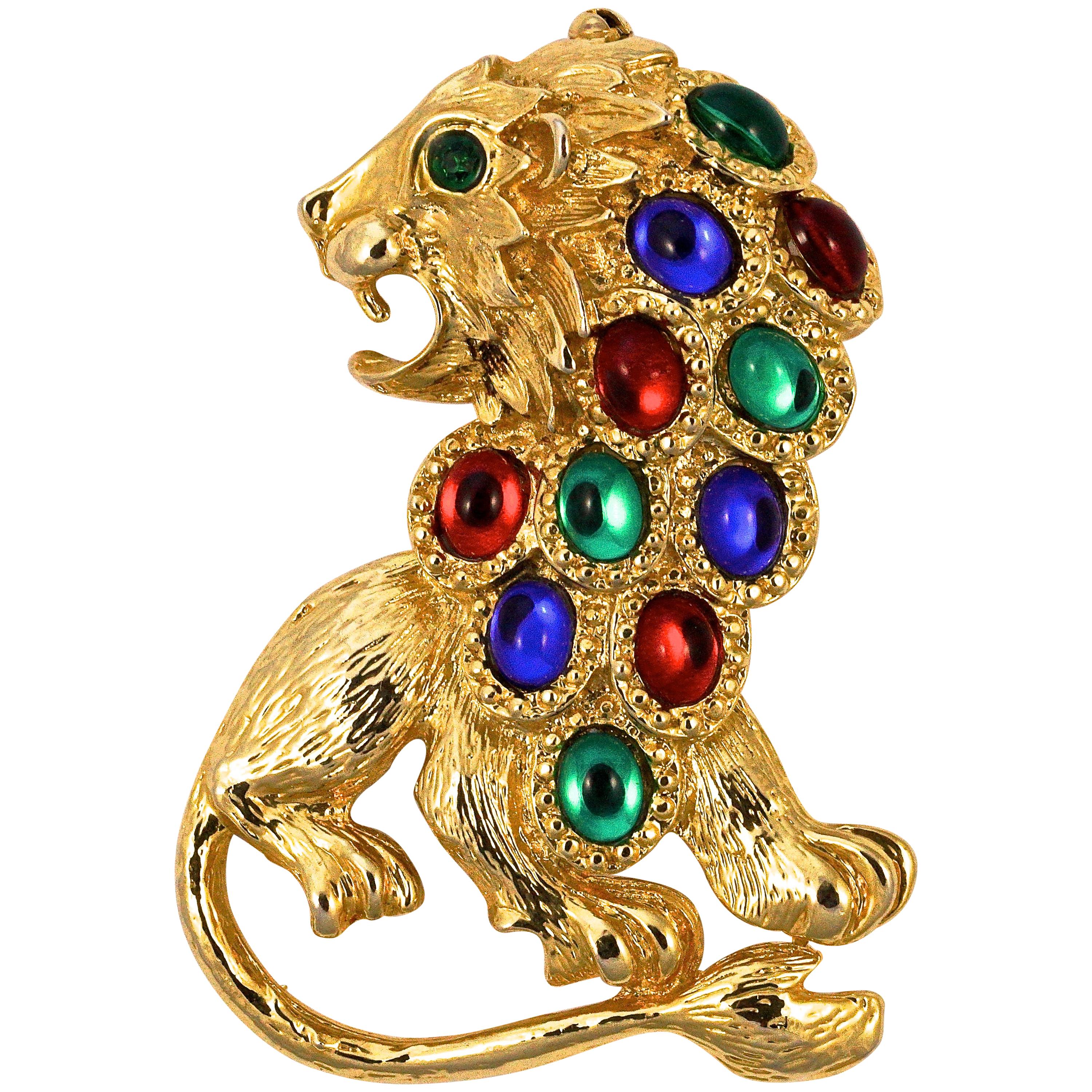 Large Gold Plated Textured Lion Statement Brooch with Blue, Red and Green Stones