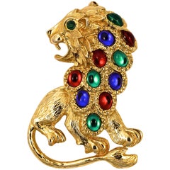 Large Gold Plated Textured Lion Statement Brooch with Blue, Red and Green Stones