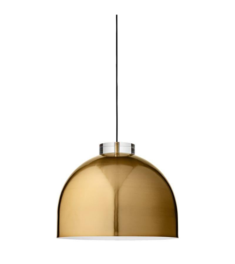 Large gold round pendant lamp 
Dimensions: Diameter 45 x Height 36 cm 
Materials: Glass, iron w. brass plating & powder coating.
Details: For all lamps, the recommended light source is E27 max 25W&220/240 voltage. We recommend LED in order to avoid