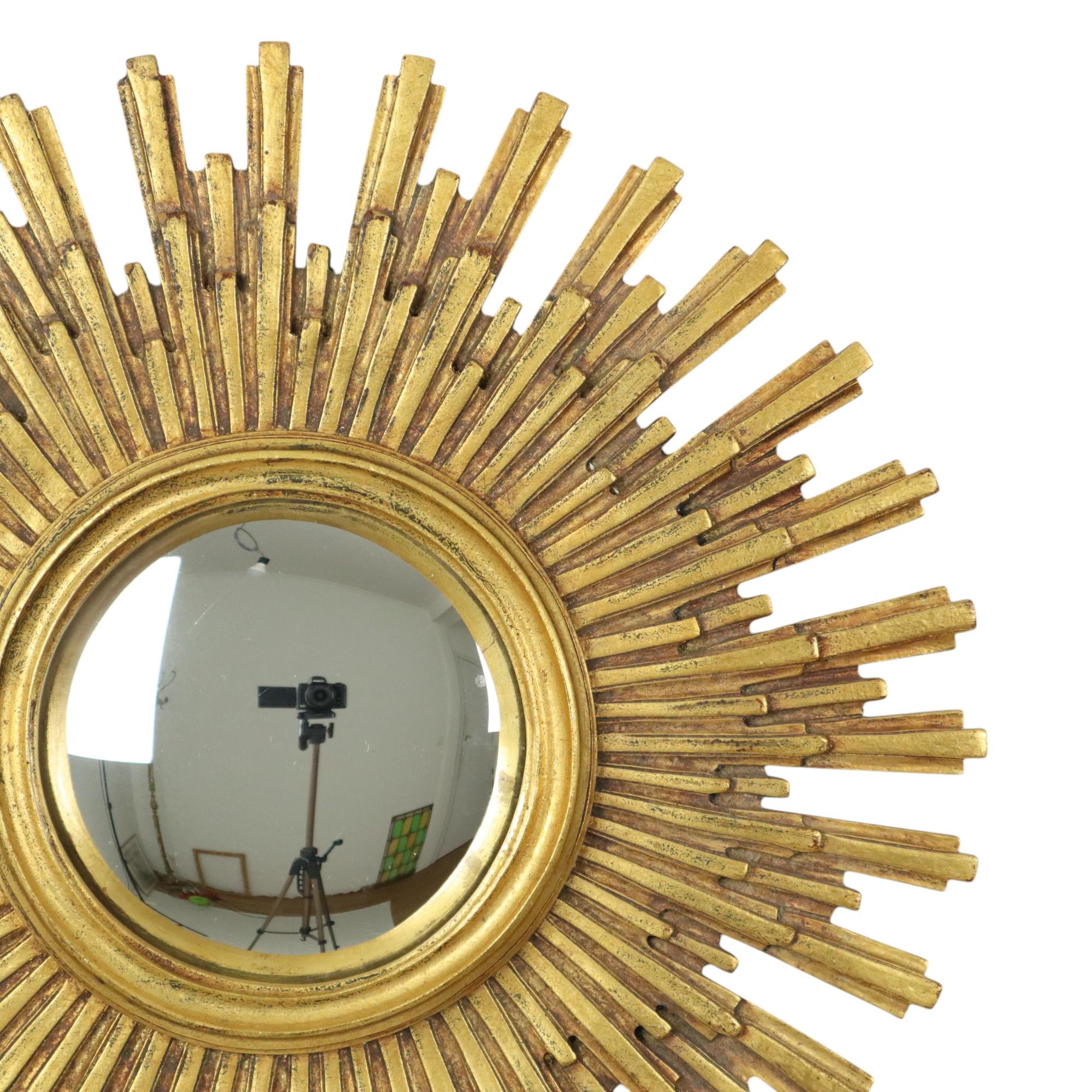 Mid-Century Modern Large Gold Sun Mirror Sunburst Resine Convex 56cm