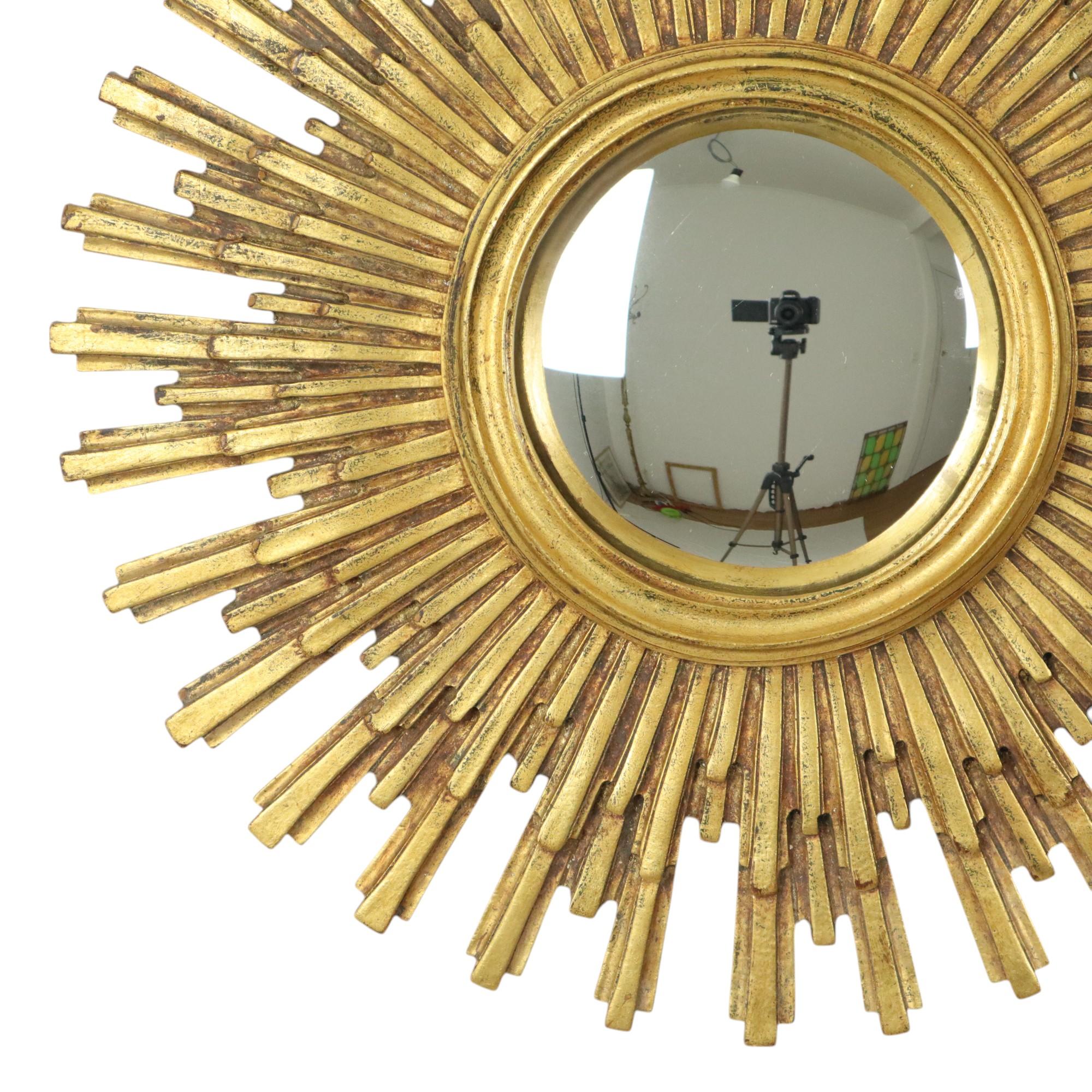 European Large Gold Sun Mirror Sunburst Resine Convex 56cm