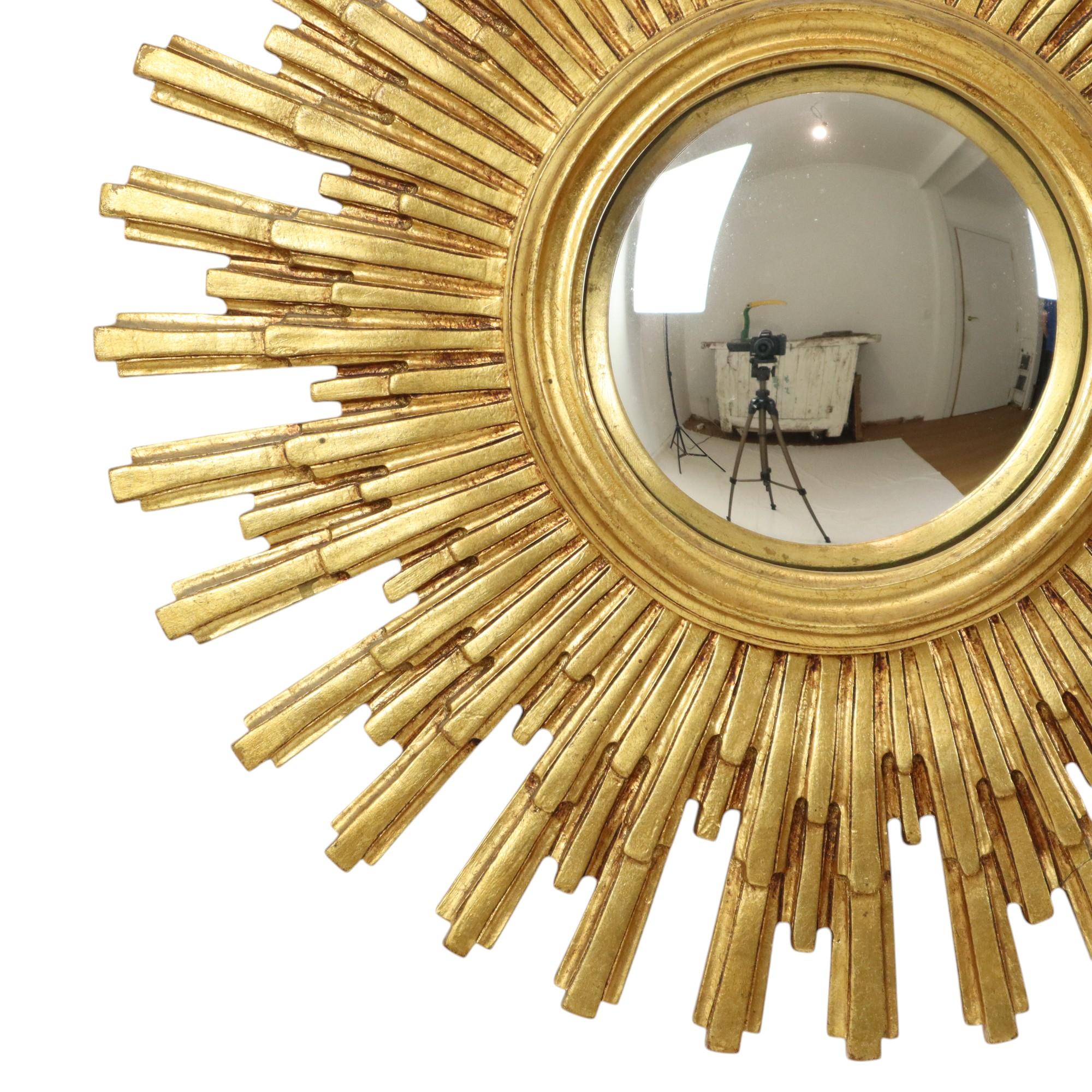 Mid-Century Modern Large Gold Sun Mirror Sunburst Resine Convex Damaged 56cm