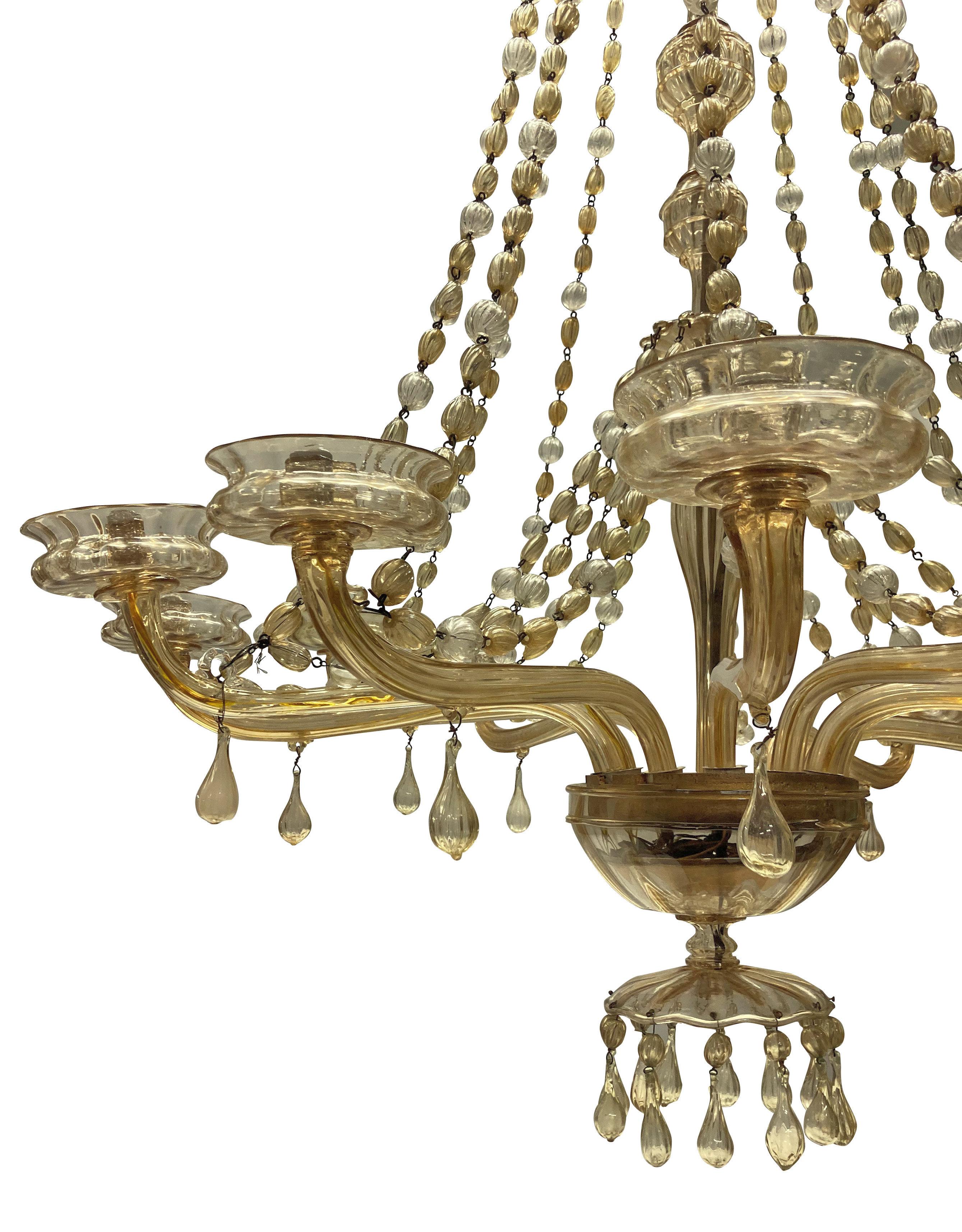 Italian Large Gold Tinted Chandelier by Fratelli Toso For Sale