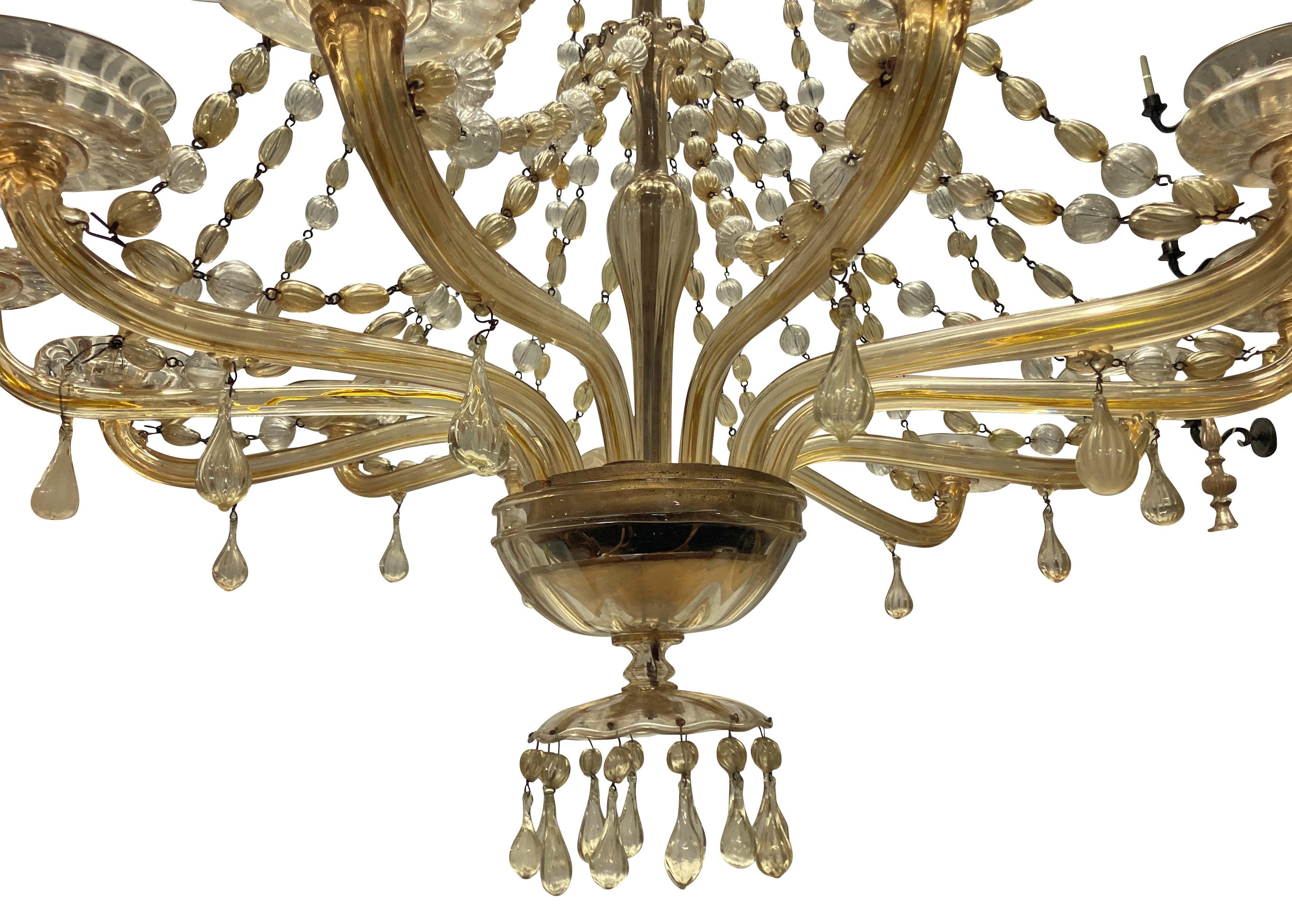 Blown Glass Large Gold Tinted Chandelier by Fratelli Toso For Sale