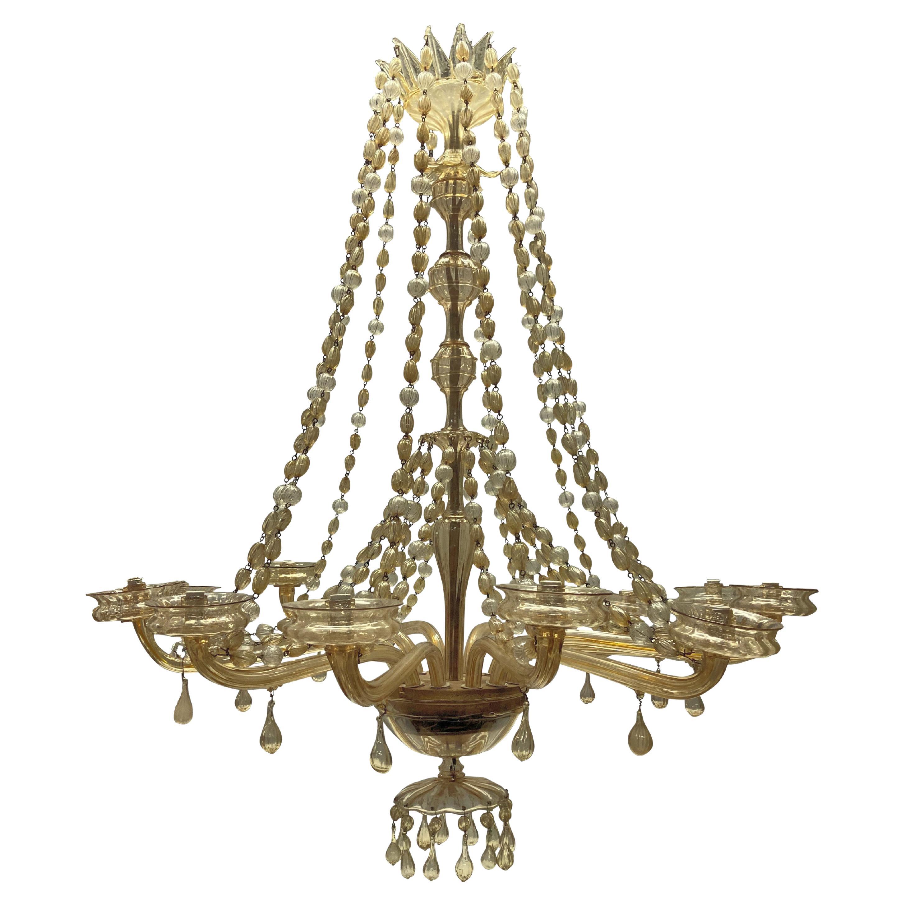 Large Gold Tinted Chandelier by Fratelli Toso For Sale