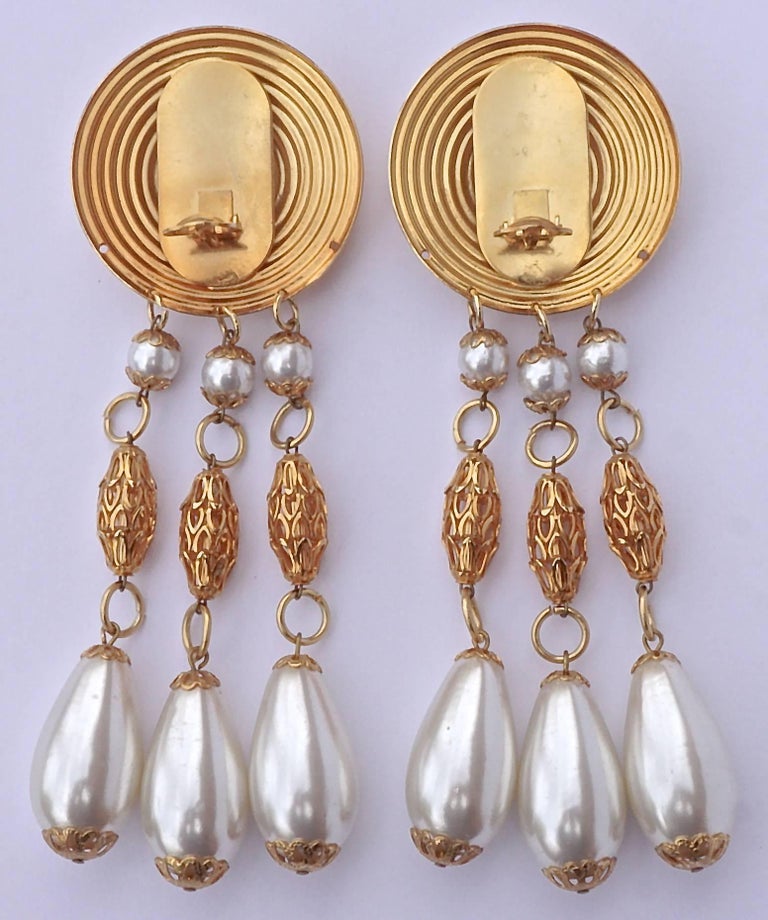 Large Gold Tone Faux Pearl Chandelier Vintage Clip On Statement