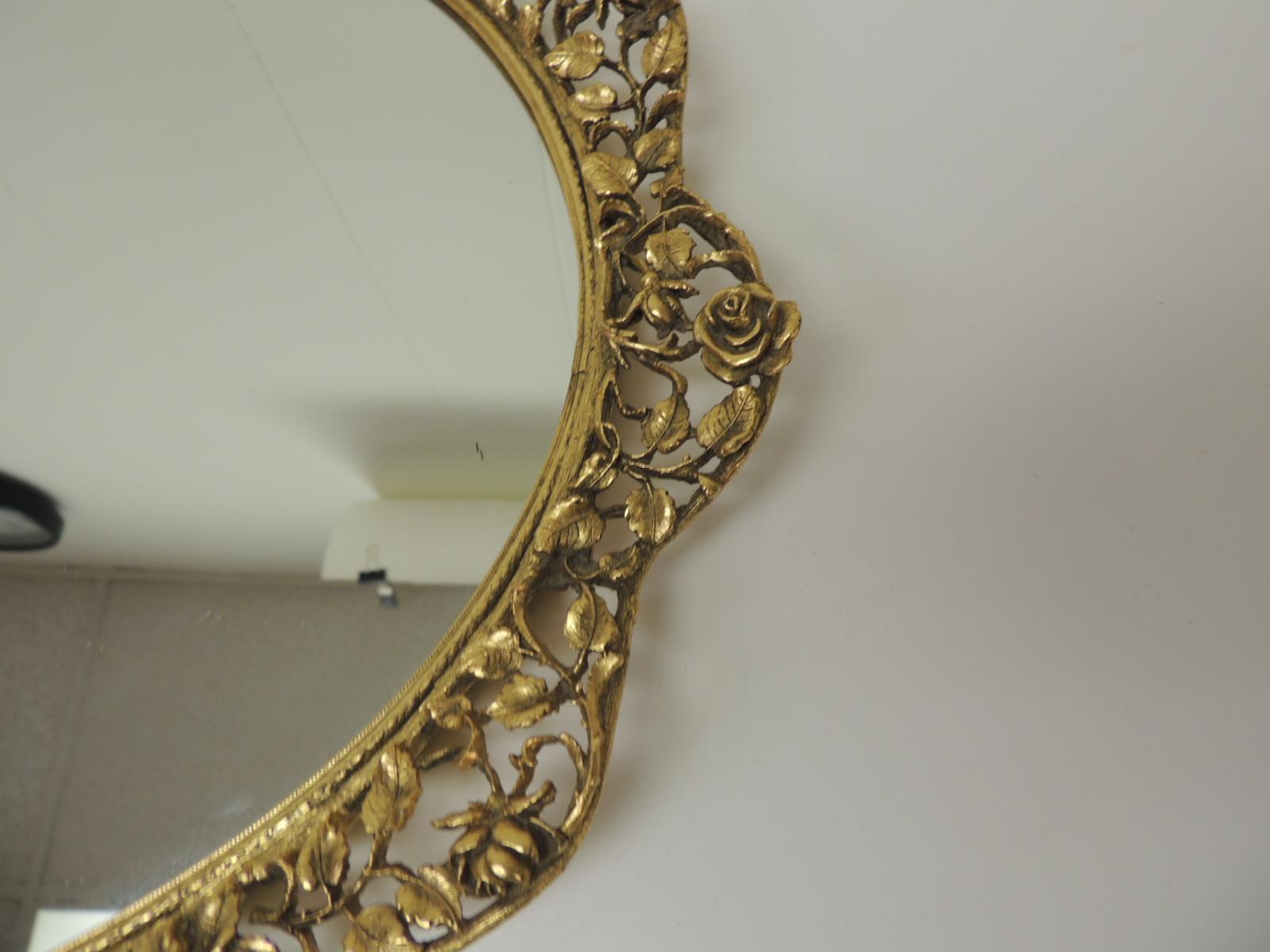 Großes Gold Vintage Französisch Filigran Oval Messing Eitelkeit Tablett mit Spiegel (Art déco)