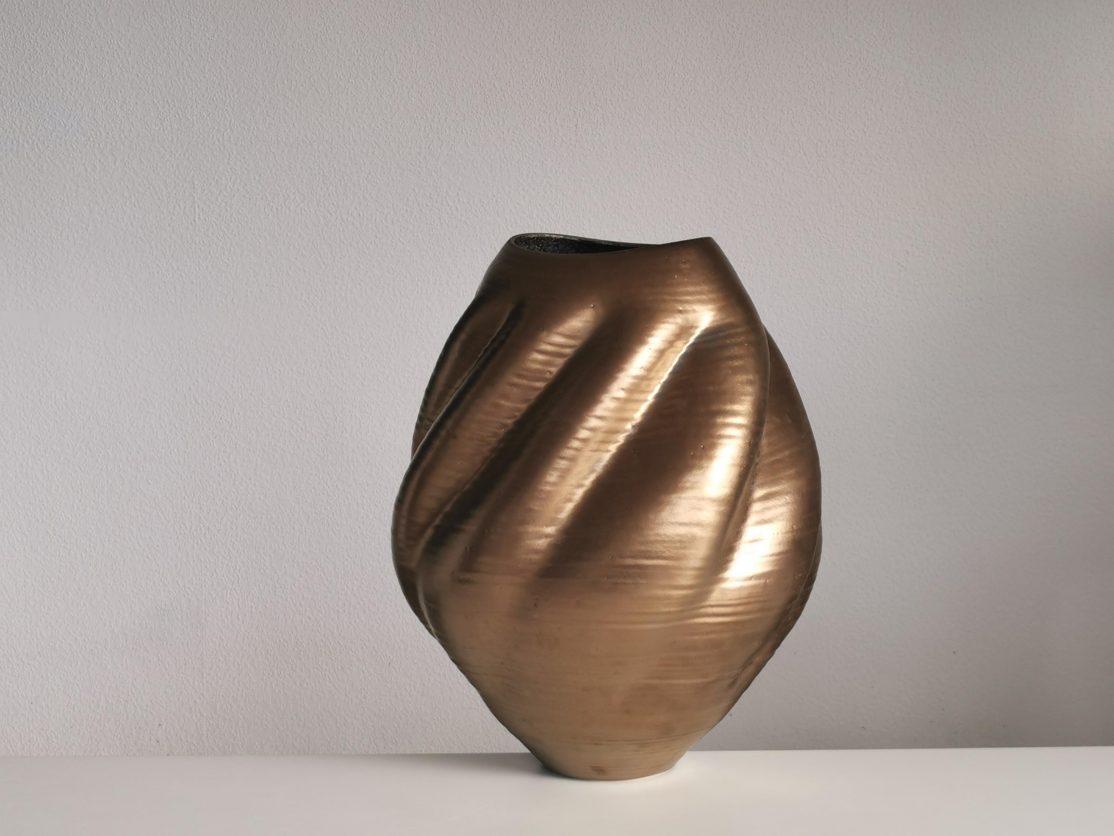 Organic Modern Large Gold Wave Form, Unique Contemporary Ceramic Sculpture Vessel N.80