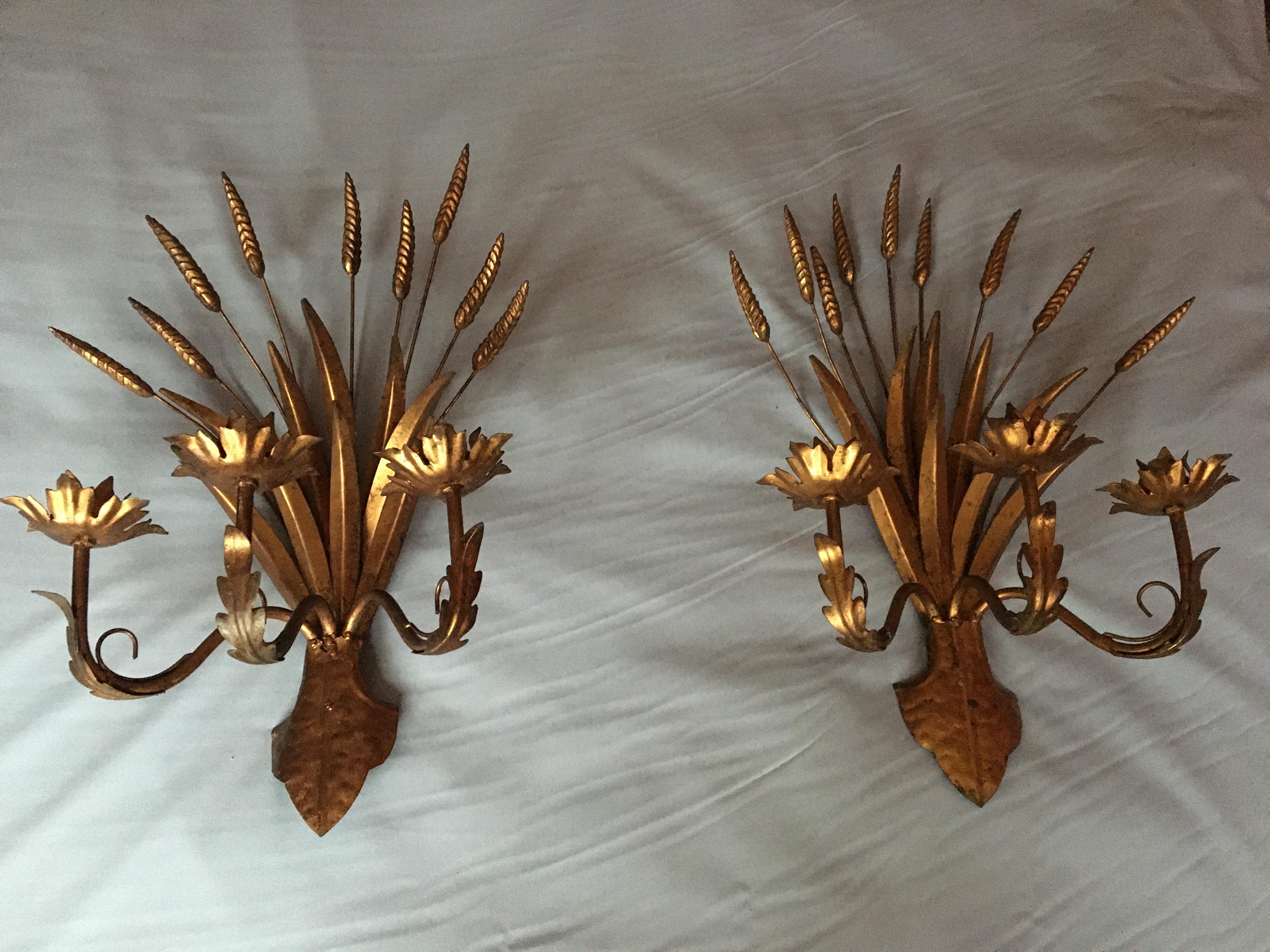 Large Gold Wheat Pair of Sconces, France, 1960s In Good Condition For Sale In Paris, FR