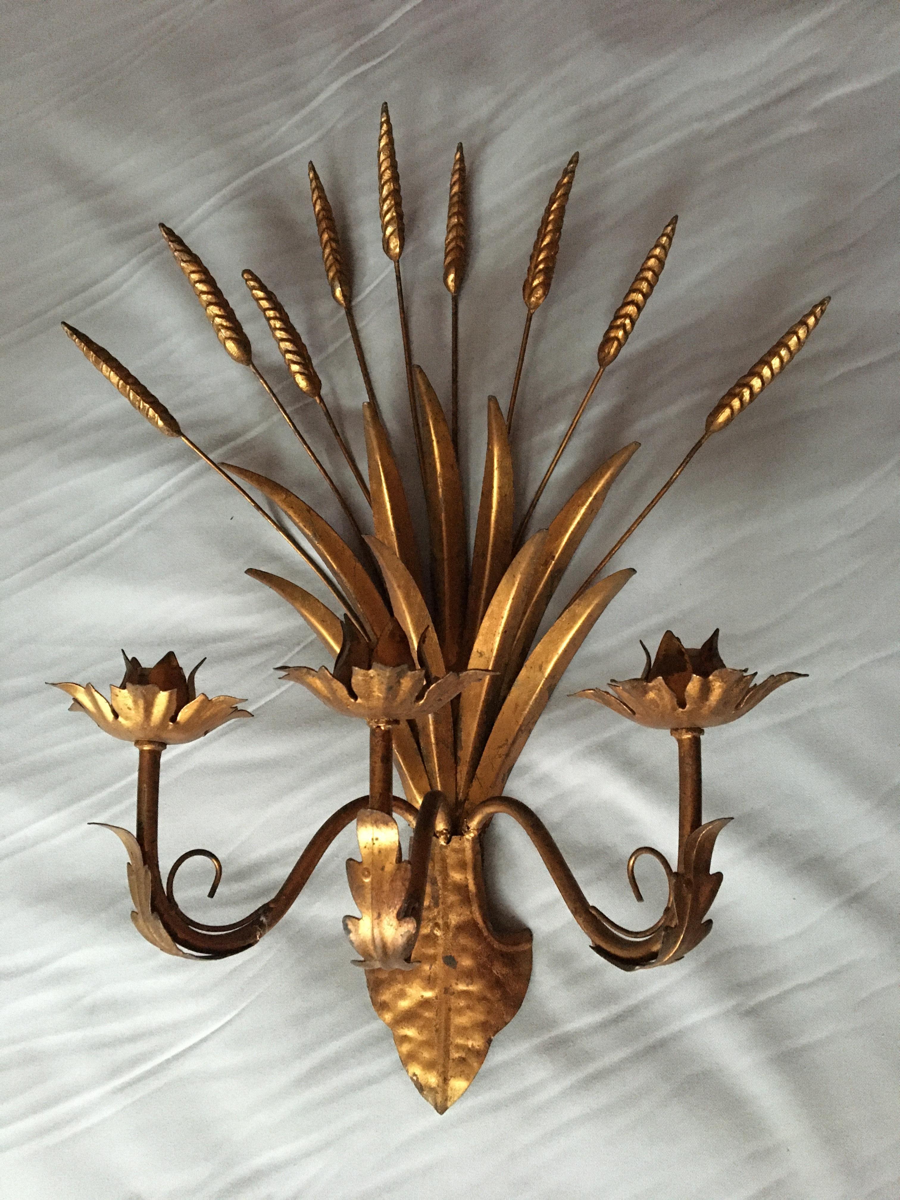 Mid-20th Century Large Gold Wheat Pair of Sconces, France, 1960s For Sale