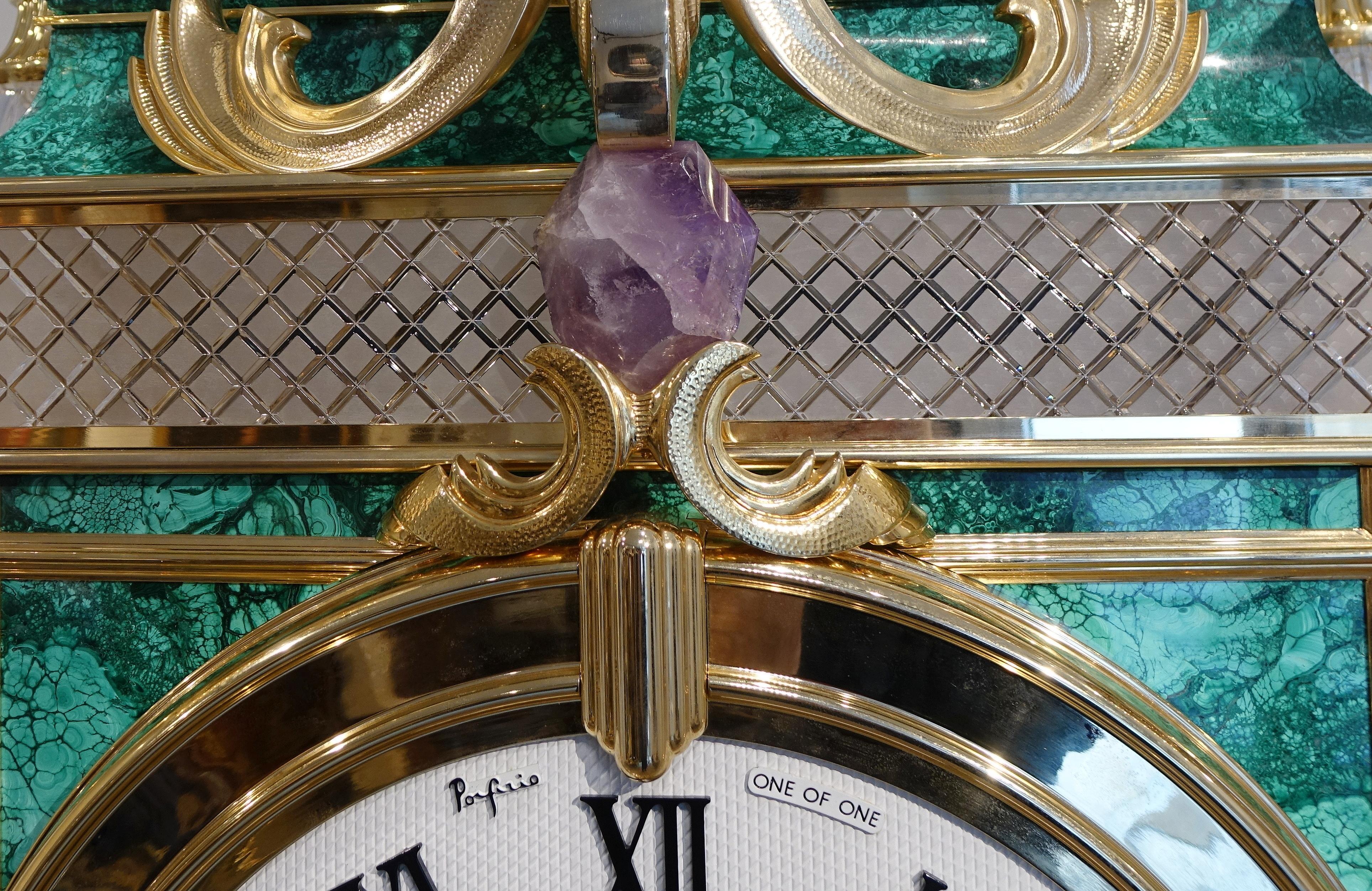 Italian Large clock in golden bronze, malachite and rock crystal For Sale