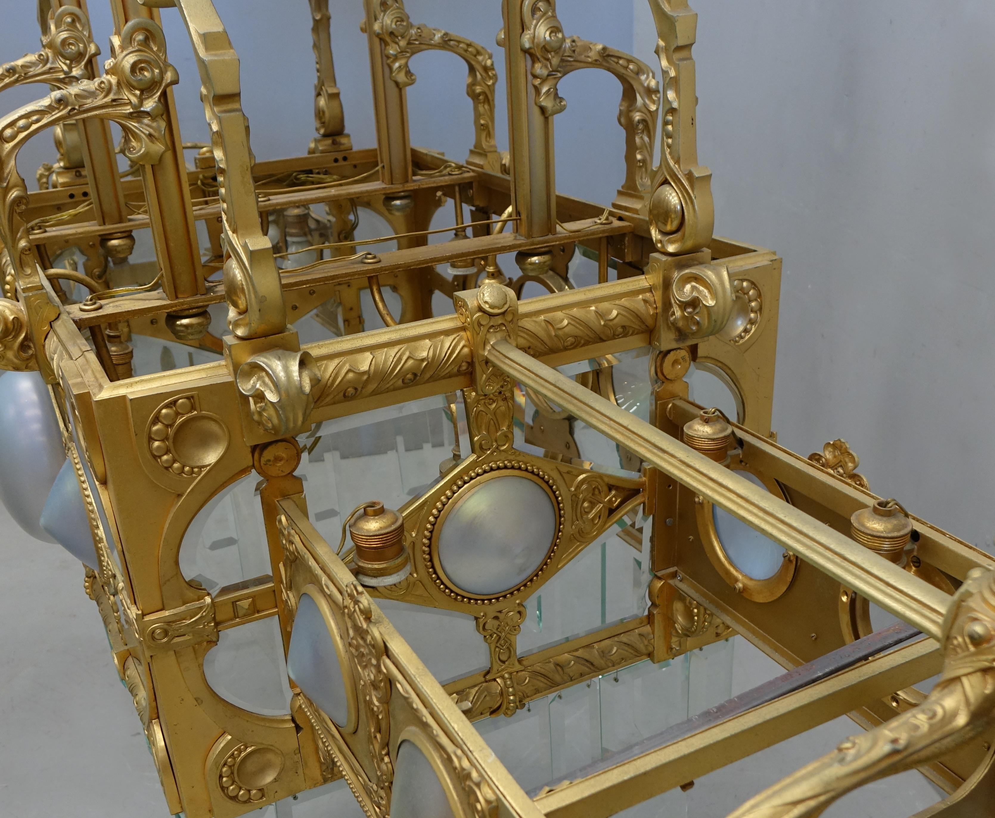 Large Golden Bronze Chandelier Belle Epoque Liberty For Sale 6