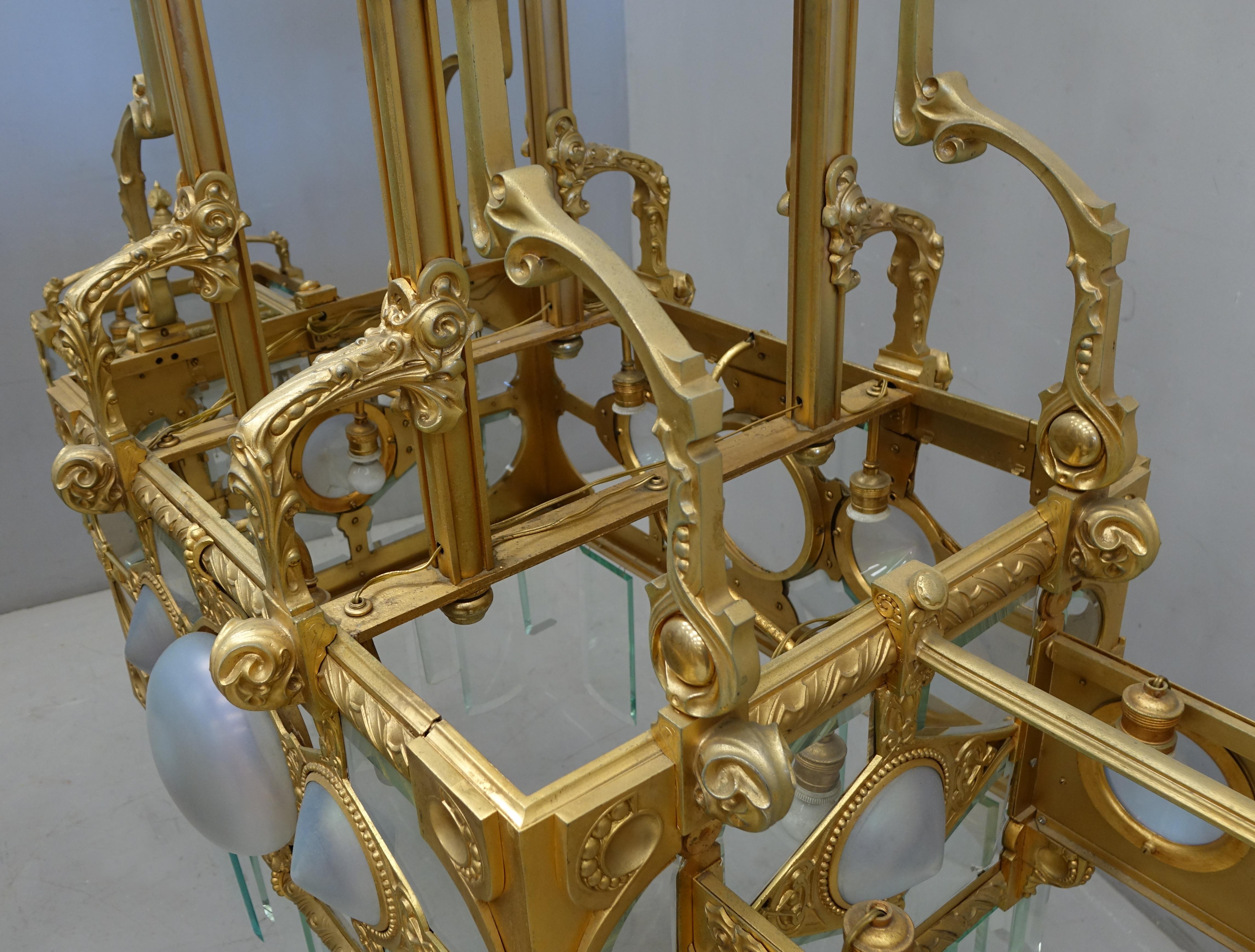 Large Golden Bronze Chandelier Belle Epoque Liberty For Sale 7