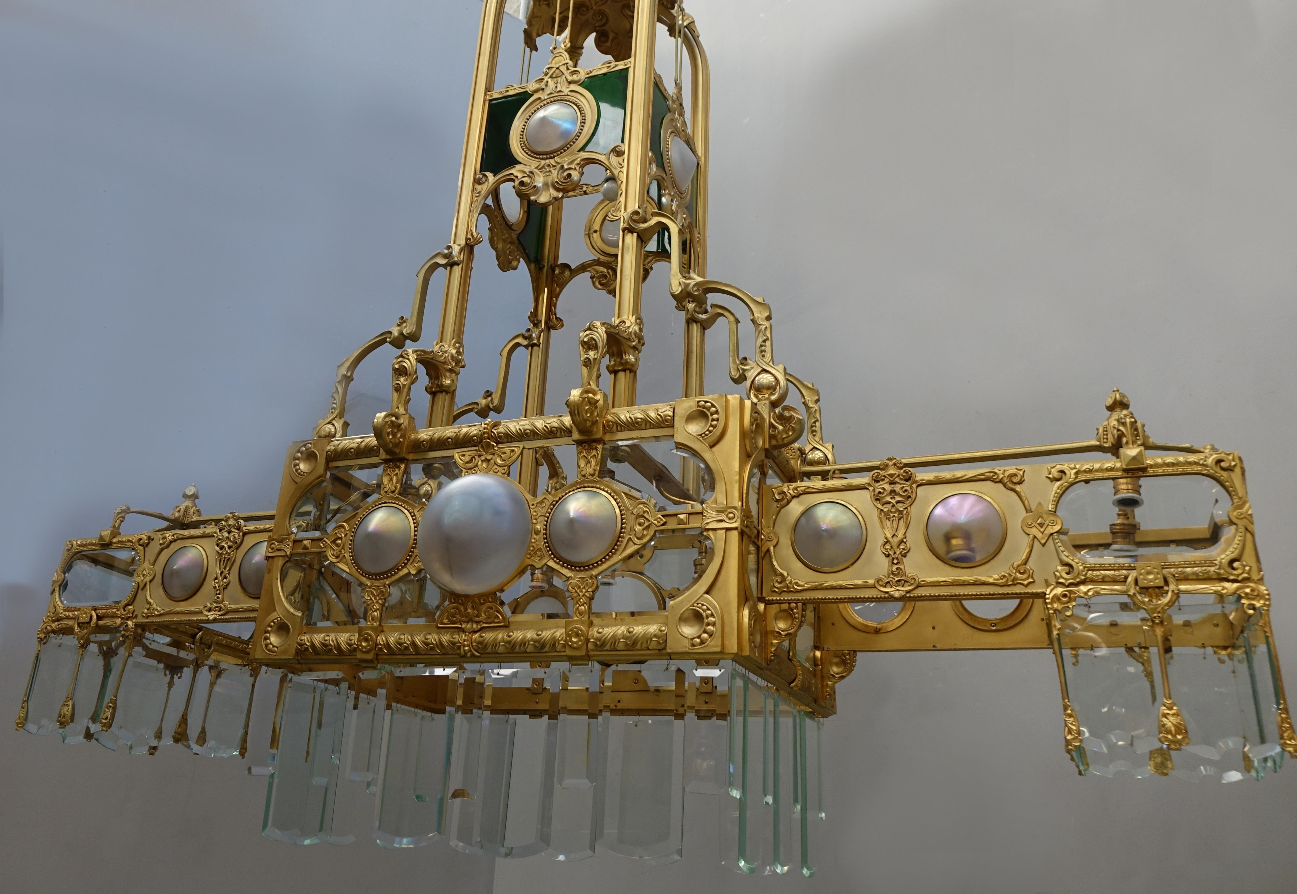 Early 20th Century Large Golden Bronze Chandelier Belle Epoque Liberty For Sale