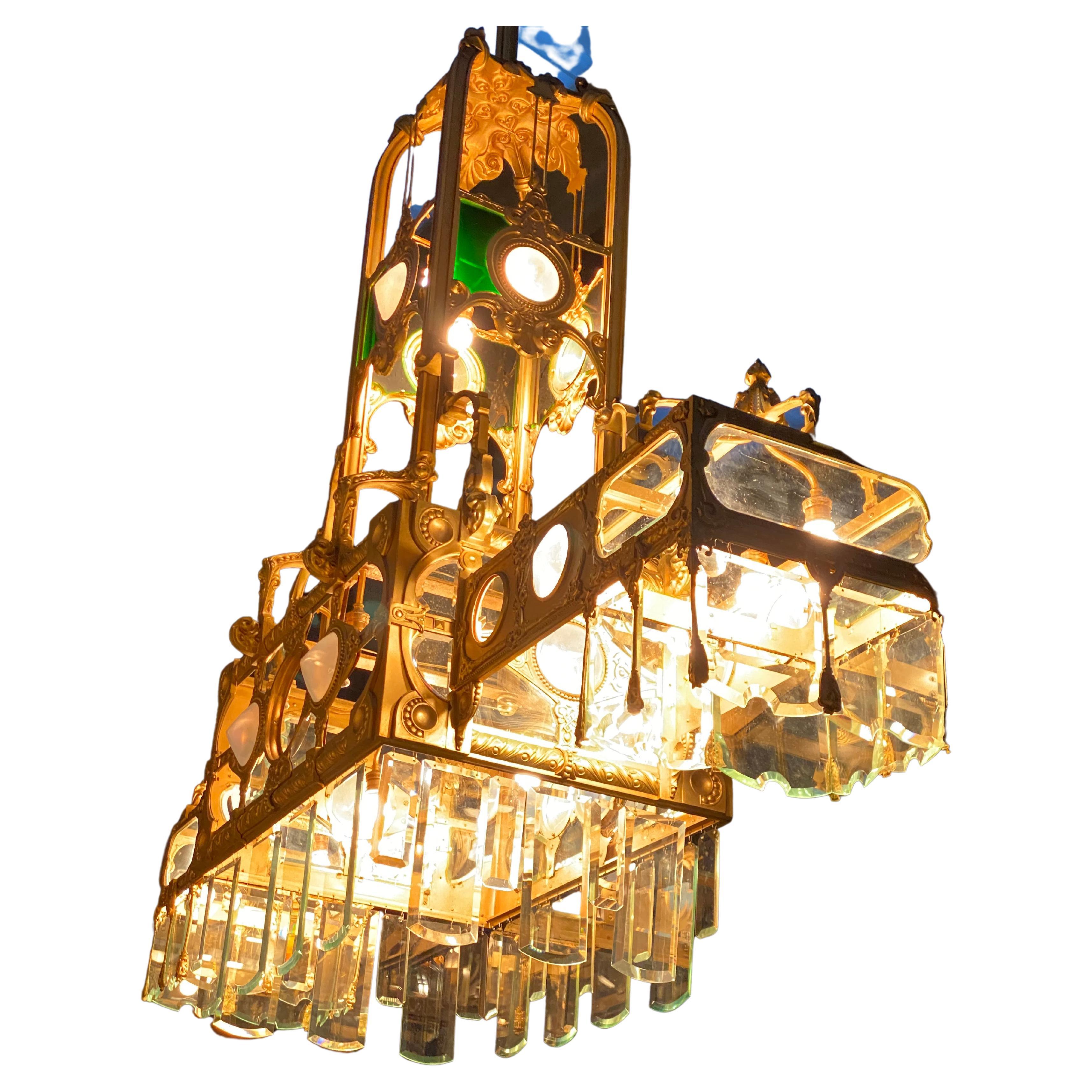 Large Golden Bronze Chandelier Belle Epoque Liberty For Sale