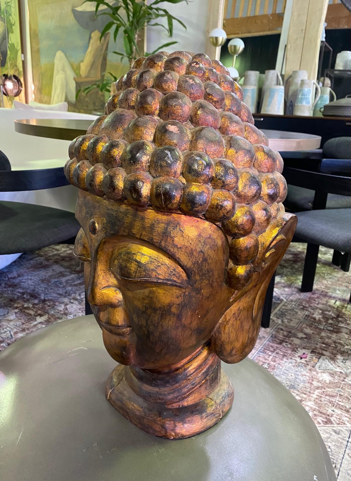 Large Golden Hand Carved Wood and Gilt Temple Shrine Buddha Head Bust 6