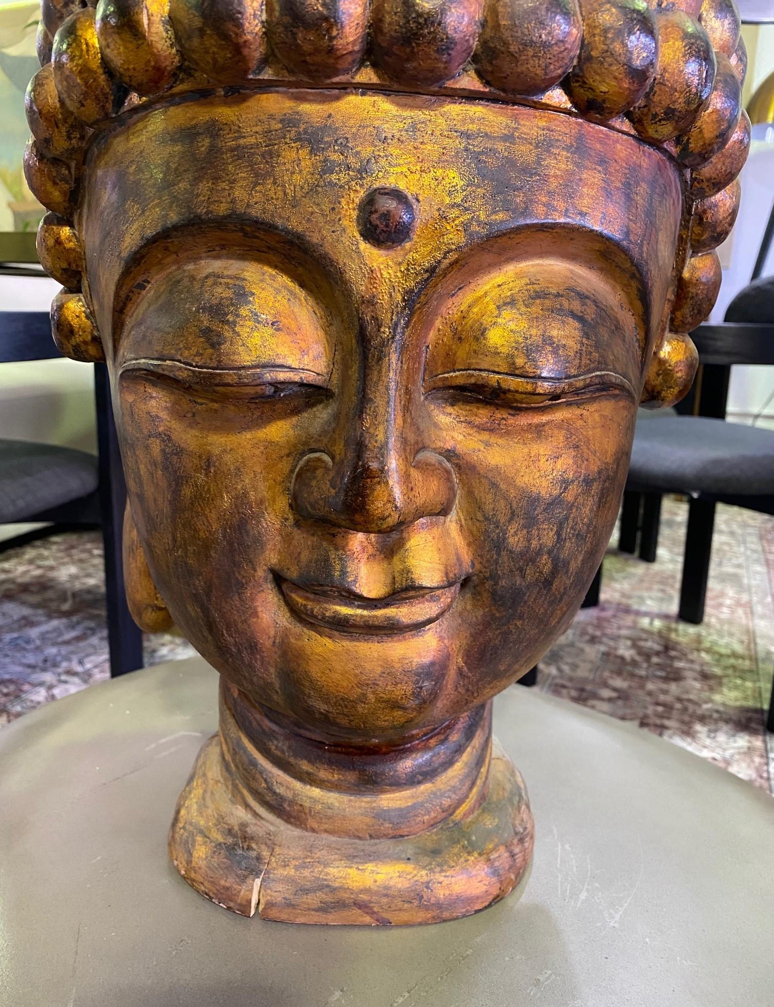 Thai Large Golden Hand Carved Wood and Gilt Temple Shrine Buddha Head Bust