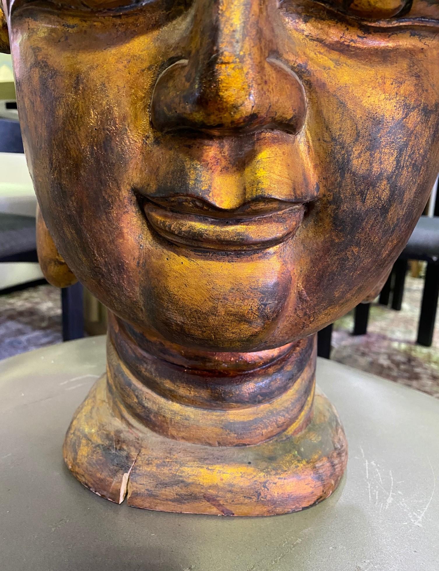 Large Golden Hand Carved Wood and Gilt Temple Shrine Buddha Head Bust In Good Condition In Studio City, CA