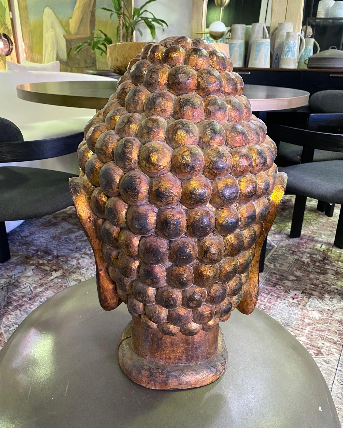 Large Golden Hand Carved Wood and Gilt Temple Shrine Buddha Head Bust 3