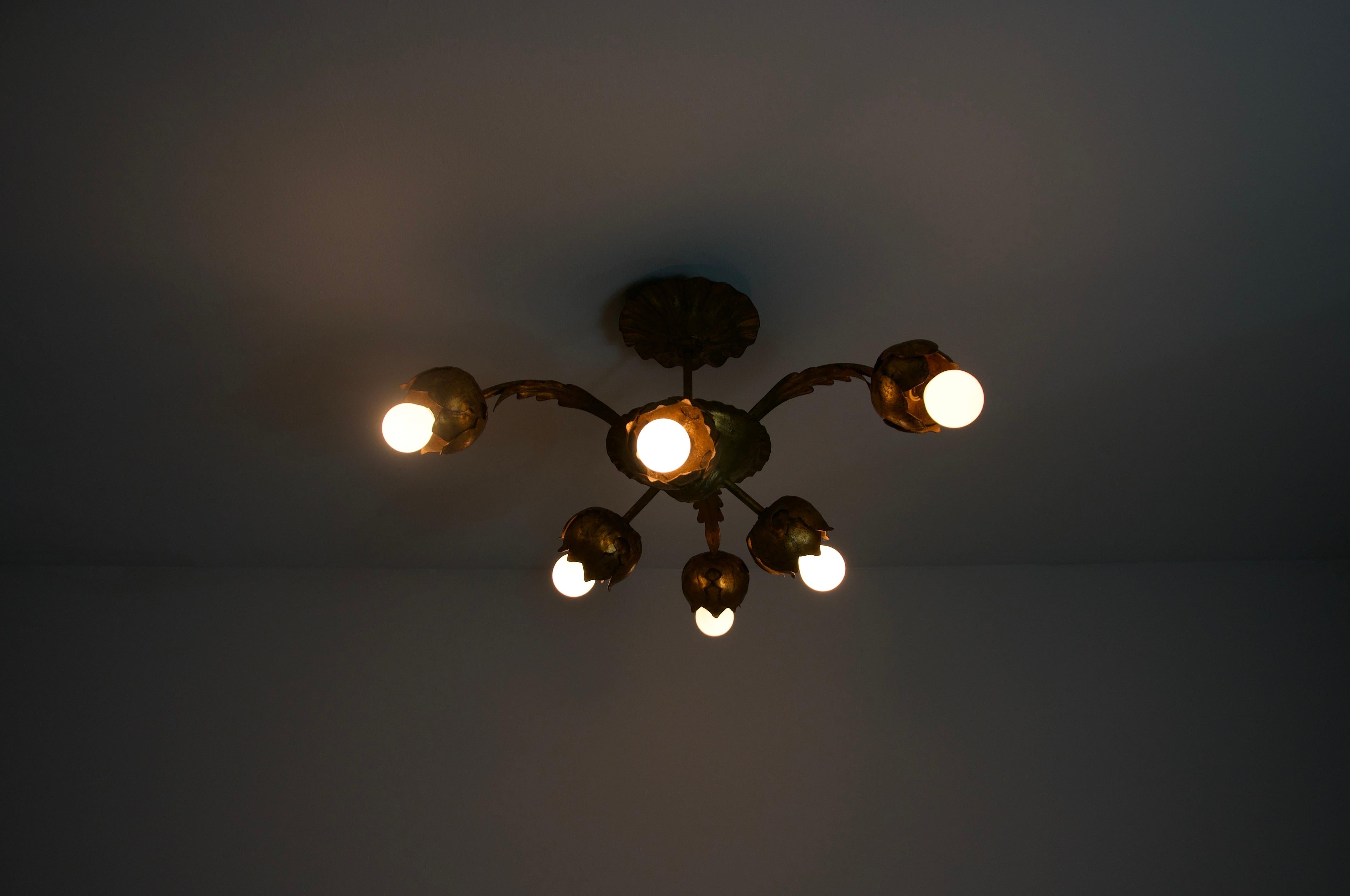 Large Golden Florentine Flower Shape Ceiling Lamp, Italy, 1970s For Sale 2