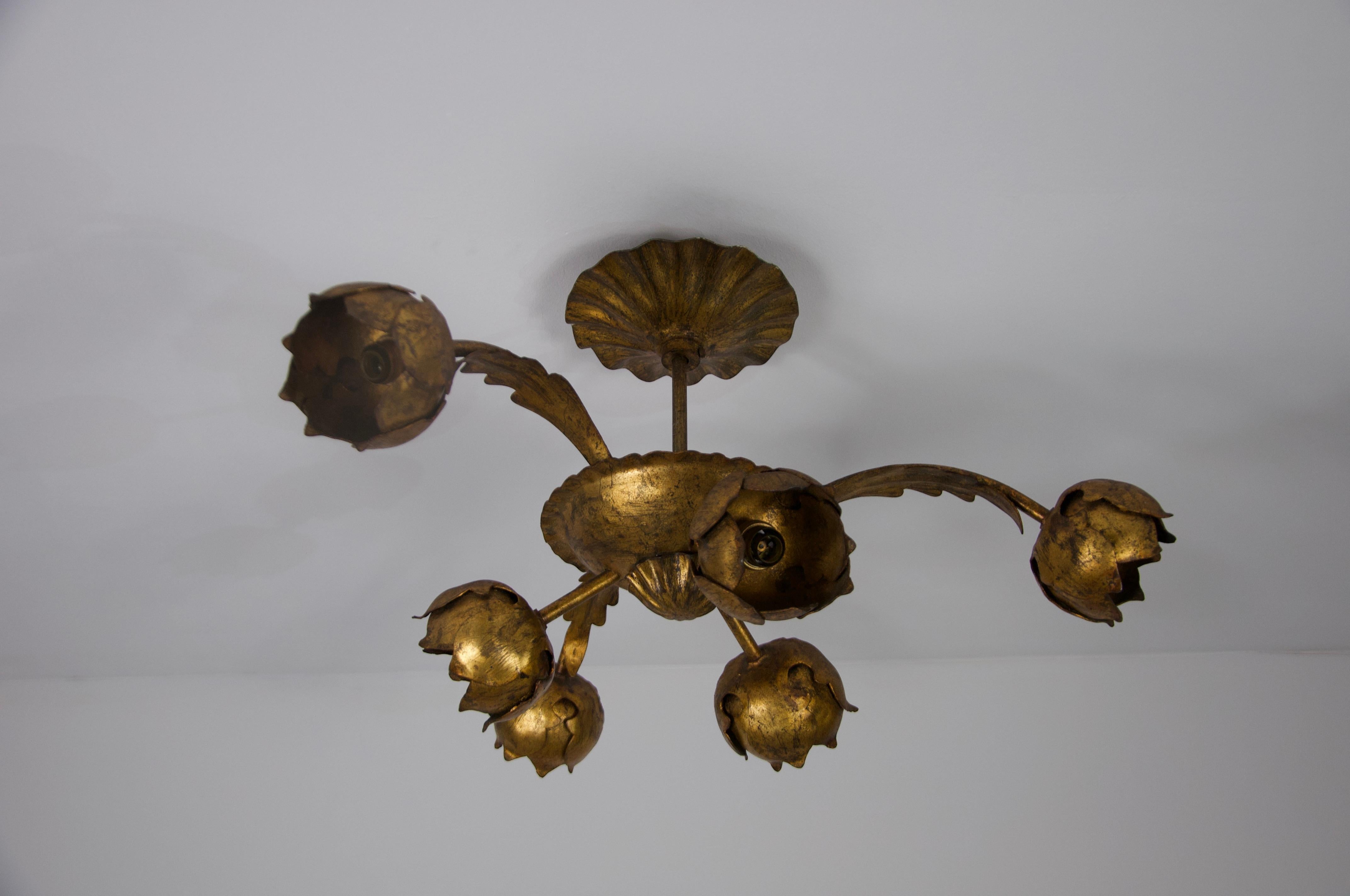 Hollywood Regency Large Golden Florentine Flower Shape Ceiling Lamp, Italy, 1970s For Sale