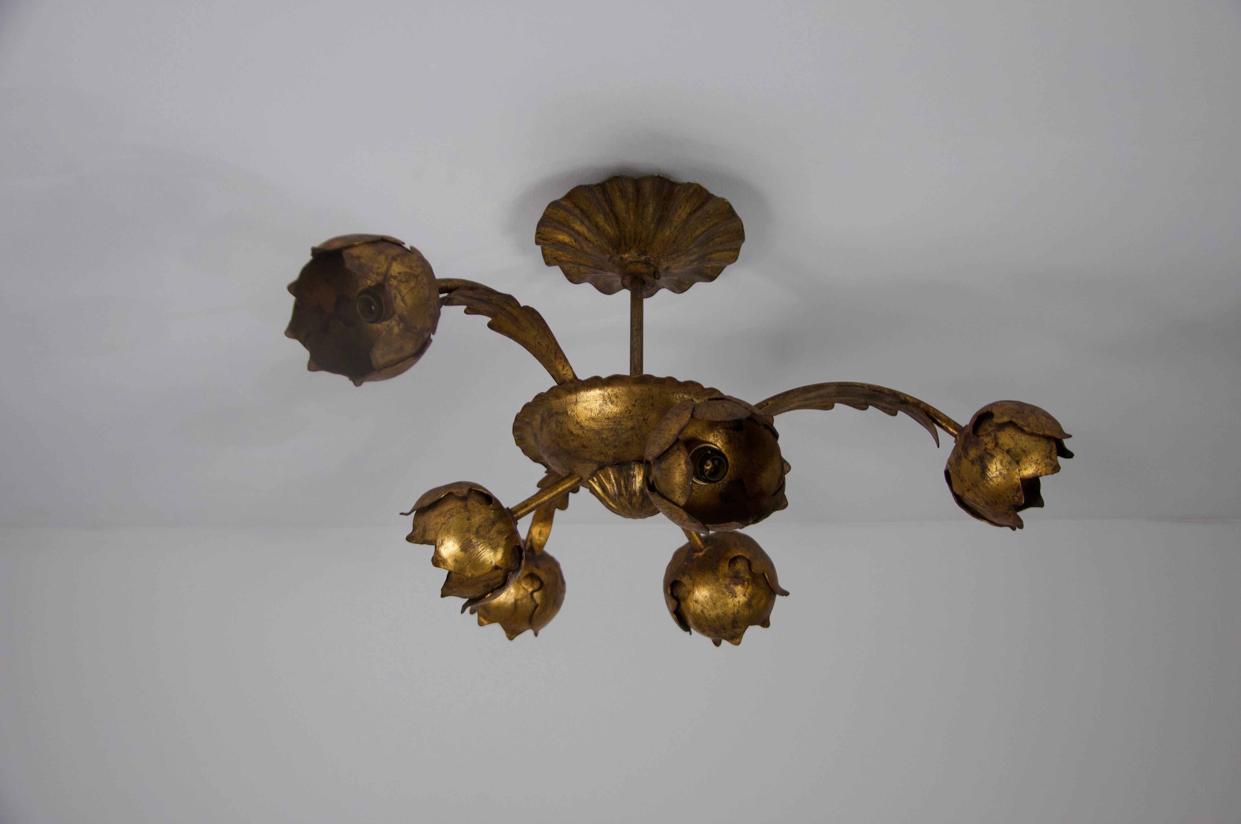 Italian Large Golden Florentine Flower Shape Ceiling Lamp, Italy, 1970s For Sale