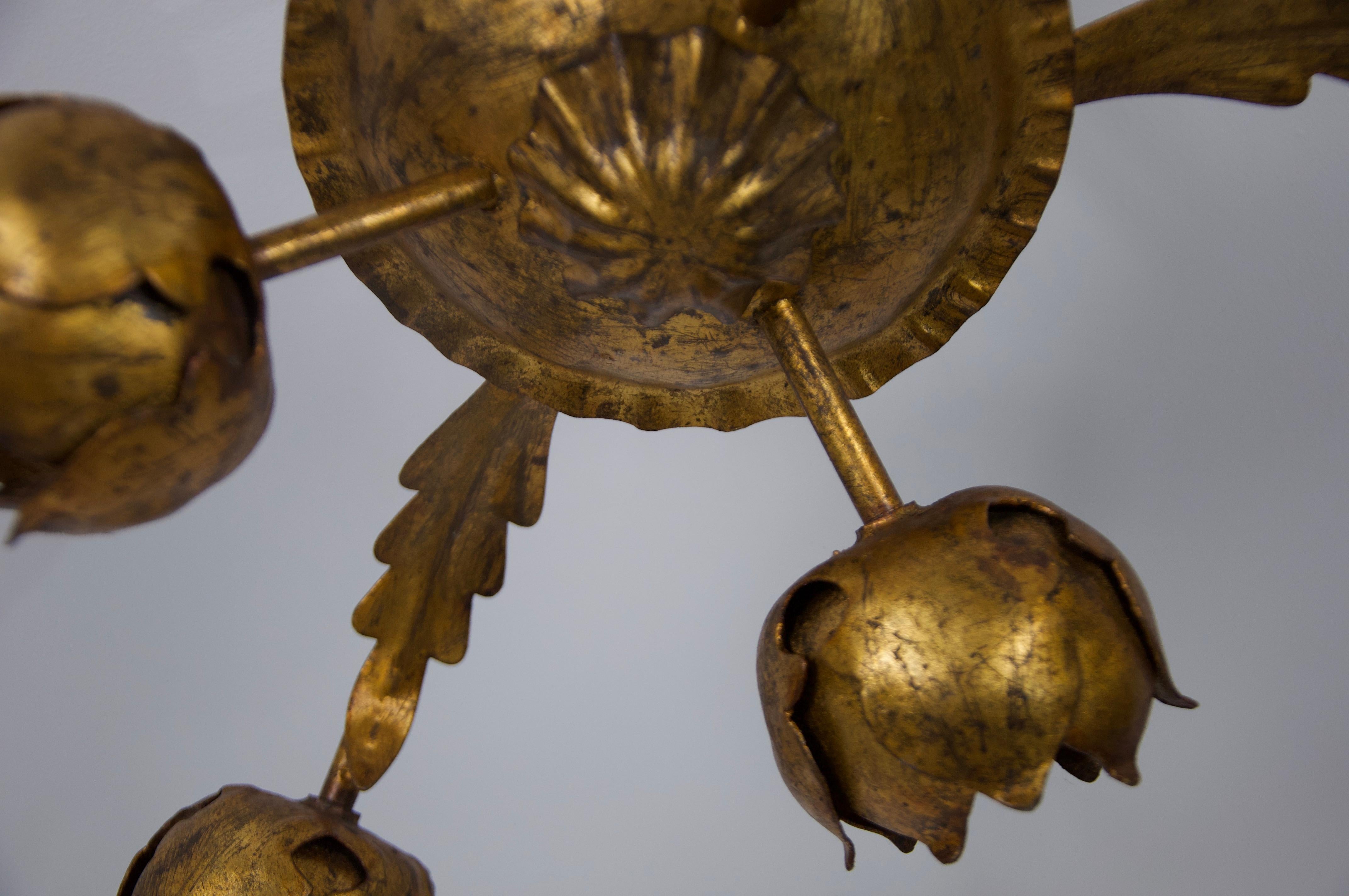 Late 20th Century Large Golden Florentine Flower Shape Ceiling Lamp, Italy, 1970s For Sale