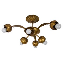 Large Golden Florentine Flower Shape Ceiling Lamp, Italy, 1970s