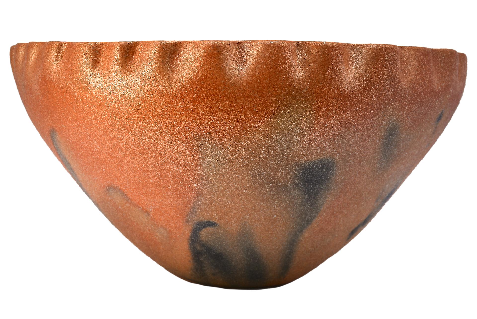 Native American Large Golden Micaceous Pottery Bowl with Fire Clouds by Lonnie Vigil For Sale